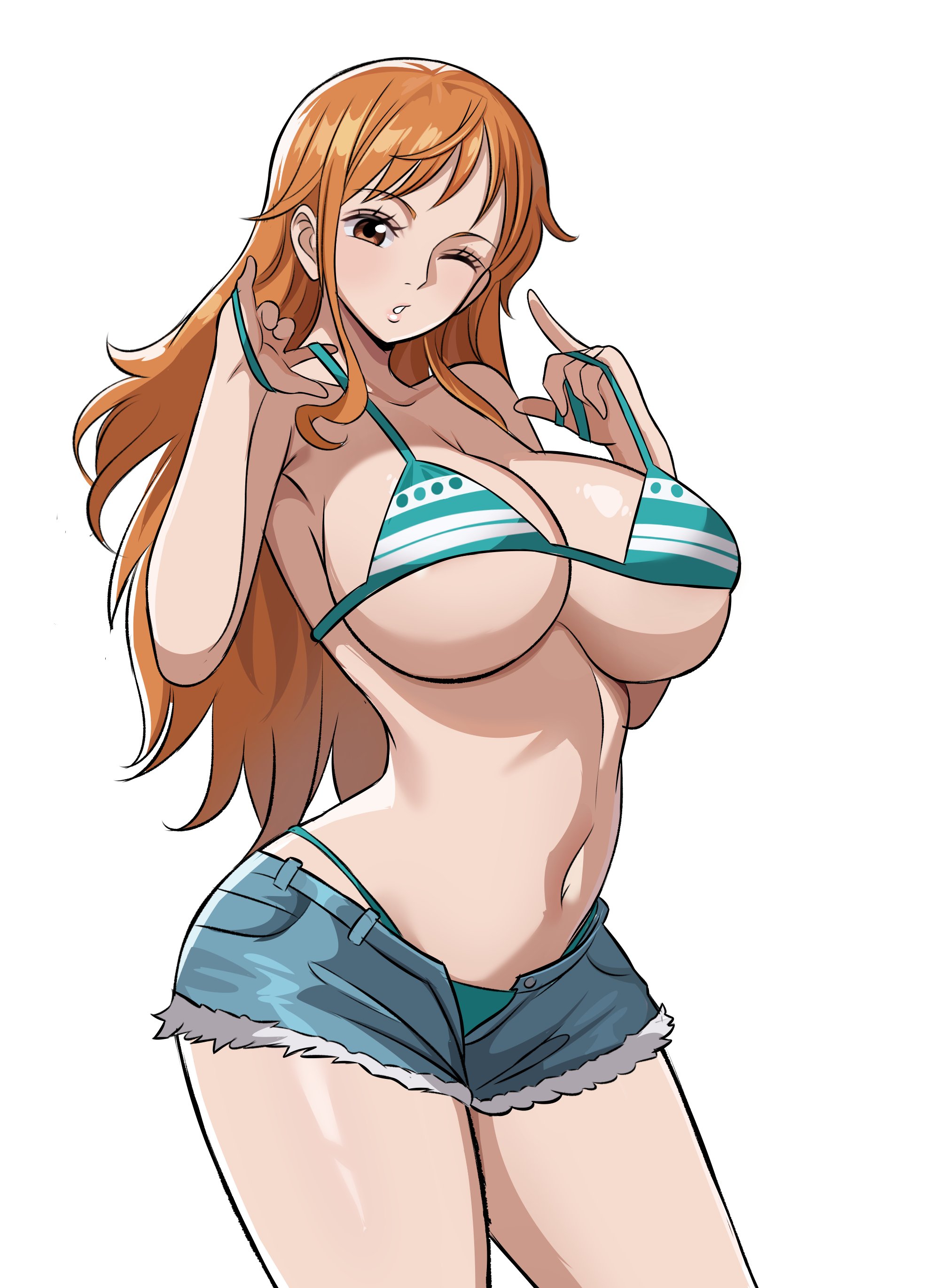 zuyu (zuyuzuyu6), nami (one piece), one piece, absurdres, highres, 1girl, aqua bikini, bikini, blue shorts, breasts, large breasts, long hair, looking at viewer, navel, one eye closed, orange eyes, orange hair, short shorts, shorts, simple background, solo, stomach, swimsuit, white background