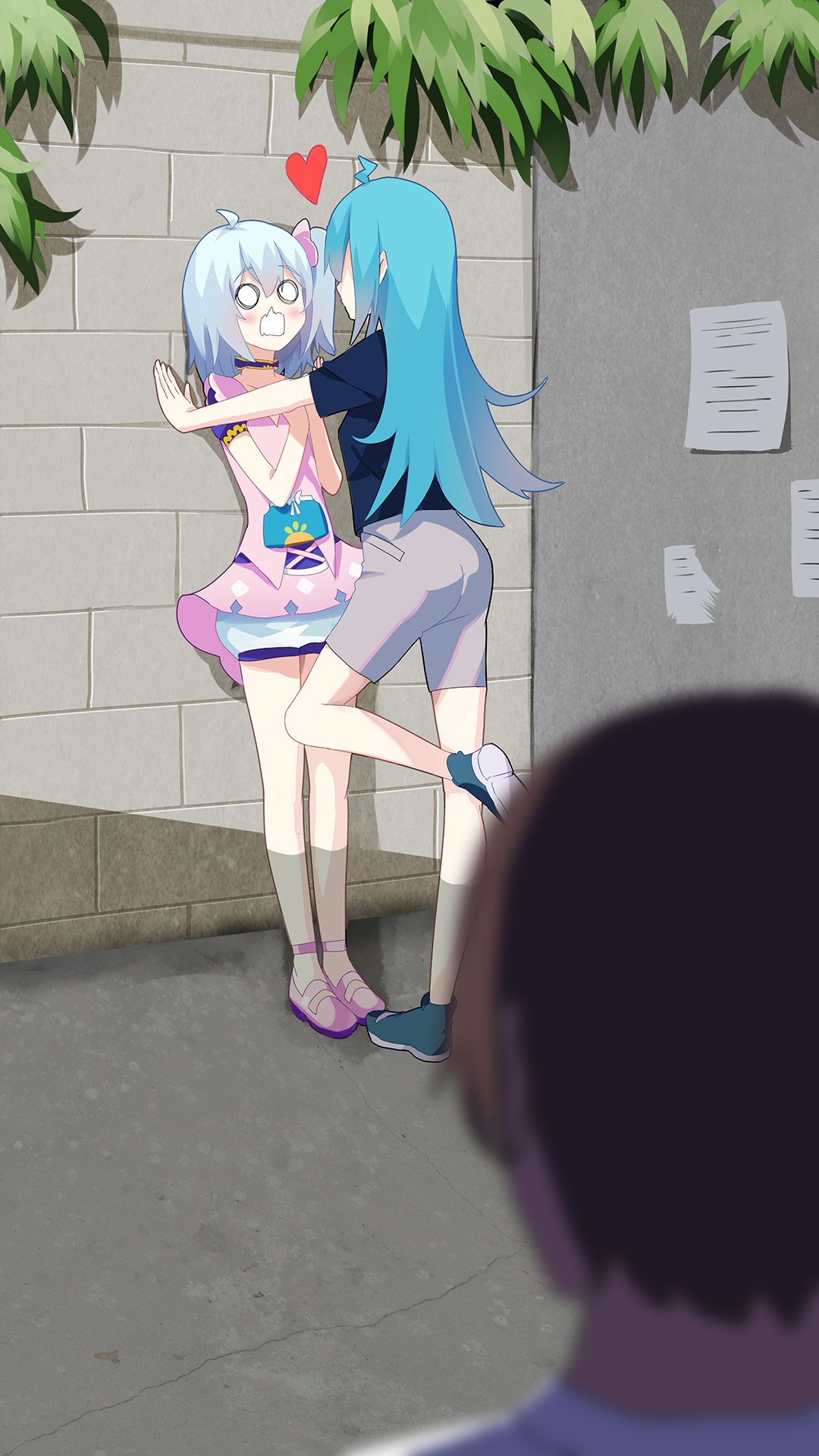 siji (szh5522), bili girl 22, bili girl 33, bilibili, highres, 1boy, 2girls, ahoge, black shirt, blue hair, bow, closed eyes, cross-laced clothes, cross-laced dress, day, dress, food, fruit, hair bow, hair ornament, hairclip, heart, kabedon, leaf, lightning bolt symbol, long hair, multiple girls, open mouth, outdoors, pants, pink dress, poster (object), puffy sleeves, sandals, shirt, shoes, short hair, short sleeves, sneakers, surprised, t-shirt, watermelon, white hair, white pants, xiao dianshi
