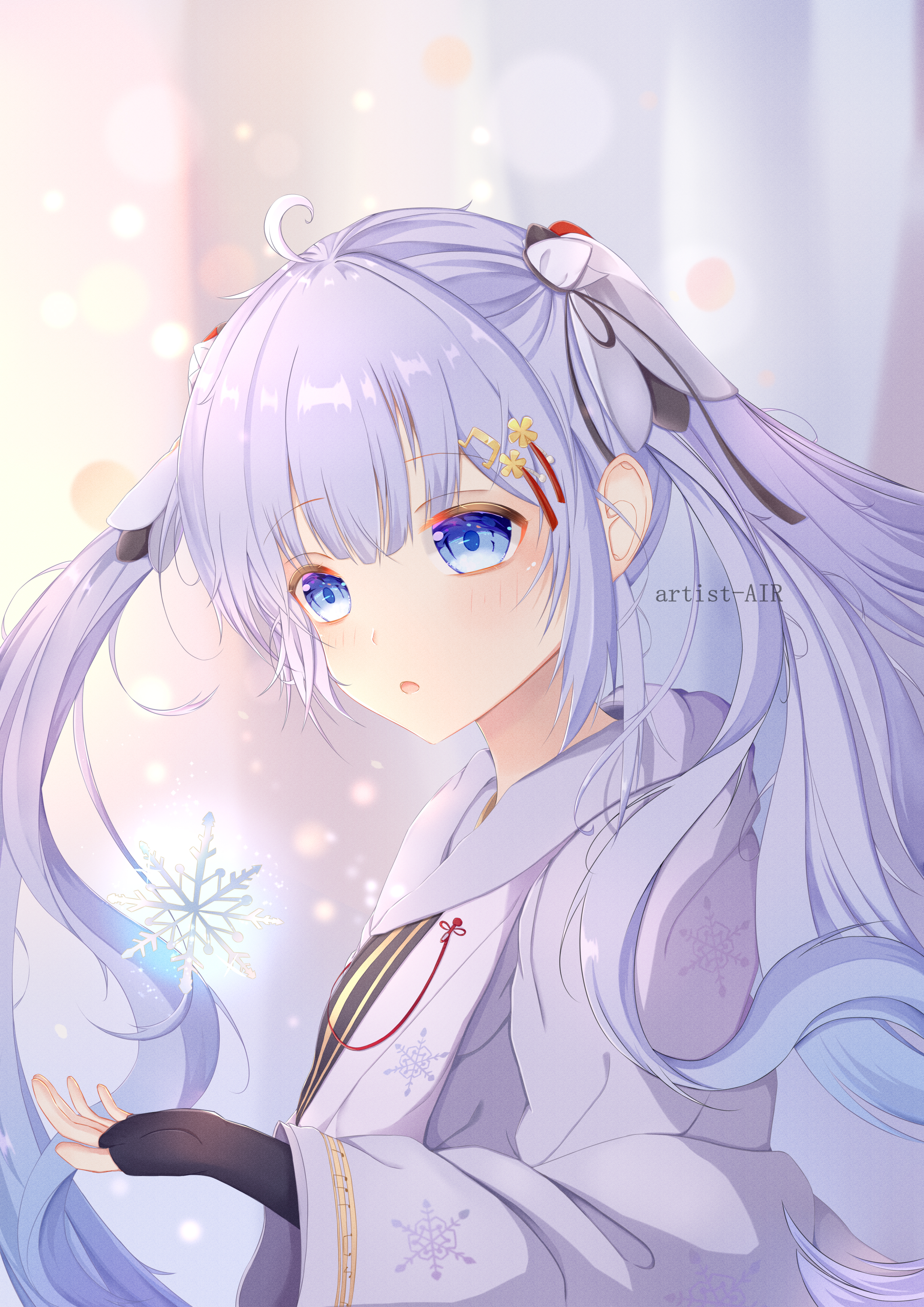 airs (user fxnj3447), hatsune miku, yuki miku, yuki miku (2018), vocaloid, absurdres, highres, 1girl, ahoge, blue eyes, chihaya (clothing), fortissimo, hair between eyes, hair ornament, japanese clothes, long hair, long sleeves, musical note, musical note hair ornament, musical note print, musical staff, musical staff print, official alternate costume, official alternate hairstyle, open mouth, snowflake print, snowflakes, solo, twintails, very long hair, white hair