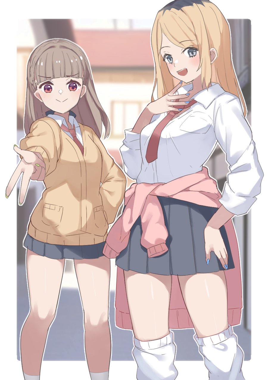 soyo1558686, kachimachi kosuzu, link! like! love live!, love live!, commentary, highres, 2girls, :>, :d, alternate costume, black hair, black skirt, blonde hair, blue nails, blunt bangs, blurry, blurry background, breast pocket, breasts, brown hair, cardigan, center frills, closed mouth, collared shirt, dress shirt, feet out of frame, fingernails, frills, green nails, grey eyes, gyaru, hand on own hip, kogal, large breasts, leg warmers, medium breasts, miniskirt, multicolored hair, multiple girls, nail polish, necktie, oomichi hiromi, open collar, open mouth, outline, outstretched arm, parted bangs, pleated skirt, pocket, red eyes, red necktie, roots (hair), shirt, skirt, smile, socks, split mouth, three-quarter sleeves, virtual youtuber, white leg warmers, white outline, white shirt, white socks, yellow cardigan