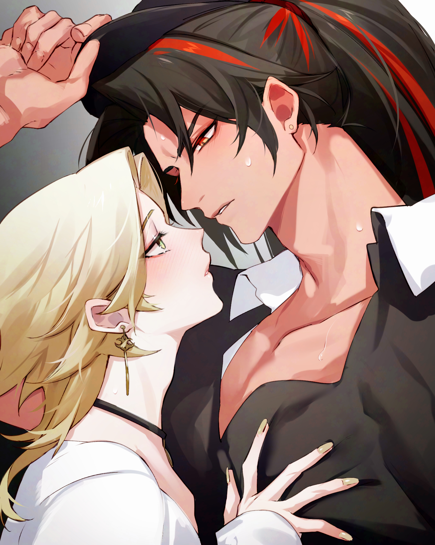 konsai 2, asura (onmyoji), taishakuten (onmyoji), onmyoji, commentary, highres, symbol-only commentary, 2boys, adam's apple, alternate costume, alternate hair length, alternate hairstyle, black choker, black hair, blonde hair, blush, choker, collarbone, earrings, fingernails, green eyes, height difference, jewelry, long hair, male focus, multicolored hair, multiple boys, nail polish, red hair, short hair, two-tone hair, upper body, yellow eyes