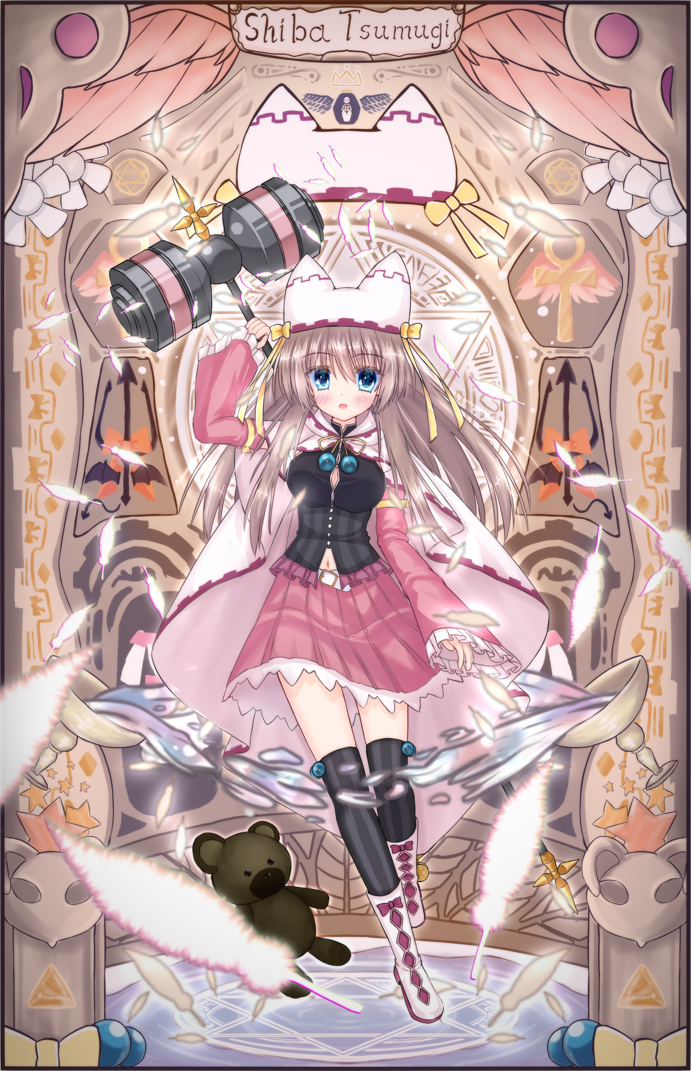 toukayutsuki, shiiba tsumugi, sanoba witch, absurdres, commentary request, highres, 1girl, :d, animal ear headwear, belt, black shirt, black thighhighs, blue eyes, blush, boots, bow, breasts, brown hair, button gap, cape, character name, detached sleeves, eyelashes, eyes visible through hair, fake animal ears, falling feathers, feathers, floating hair, frilled skirt, frilled sleeves, frills, full body, hair between eyes, hammer, hand up, hat, hat bow, hat ribbon, holding, holding hammer, large breasts, long hair, long sleeves, looking at viewer, magic circle, magical girl, miniskirt, navel, neck ribbon, open mouth, pink skirt, pink sleeves, pleated skirt, ribbon, shirt, sidelocks, skirt, sleeveless, sleeveless shirt, smile, solo, stained glass, standing, straight hair, striped clothes, striped thighhighs, stuffed animal, stuffed toy, teddy bear, thighhighs, vertical-striped clothes, vertical-striped thighhighs, very long hair, white belt, white boots, white cape, white feathers, white hat, wide sleeves, yellow bow, yellow ribbon
