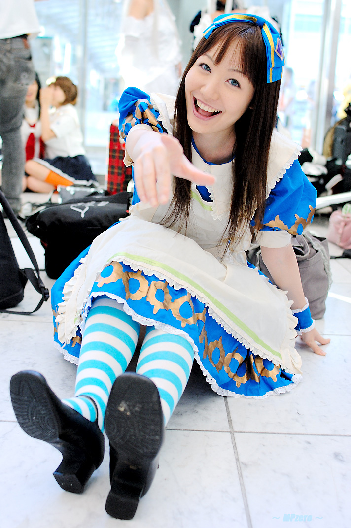 striped, character request, photo (medium), source request, apron, bow, cosplay, hair bow, kneehighs, socks, suzumiya kirika