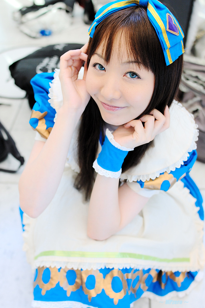 character request, photo (medium), source request, 1girl, apron, bow, cosplay, female focus, hair bow, solo, suzumiya kirika