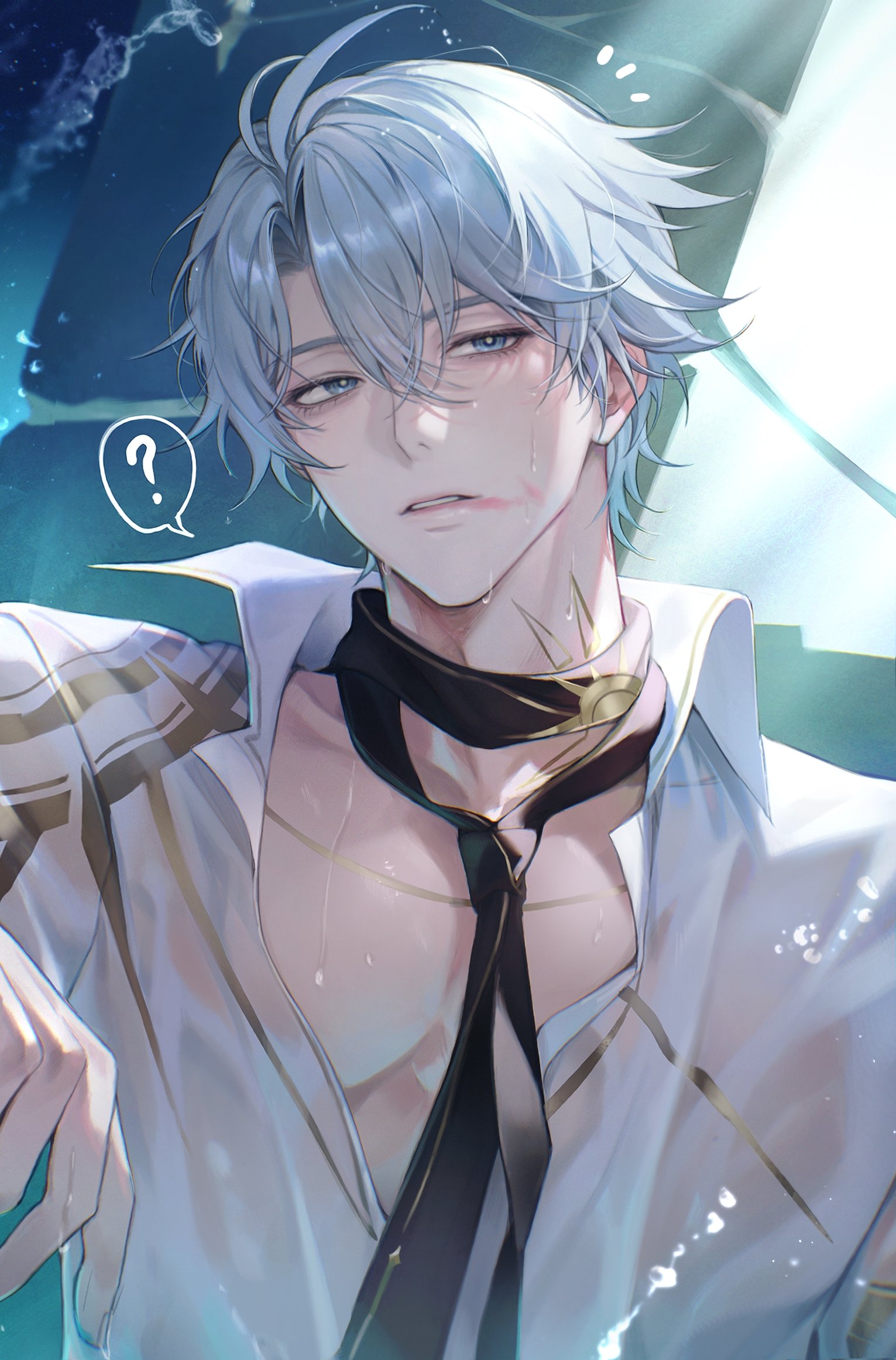 phainon (honkai: star rail), honkai: star rail, honkai (series), commentary request, highres, korean commentary, 1boy, ?, antenna hair, black necktie, blue eyes, blue hair, collared shirt, fingernails, hair between eyes, male focus, necktie, neueul01, open clothes, open shirt, pectorals, shirt, short hair, solo, spoken question mark, sun symbol, sun tattoo, tan, tattoo, teeth, upper body, wet, white shirt