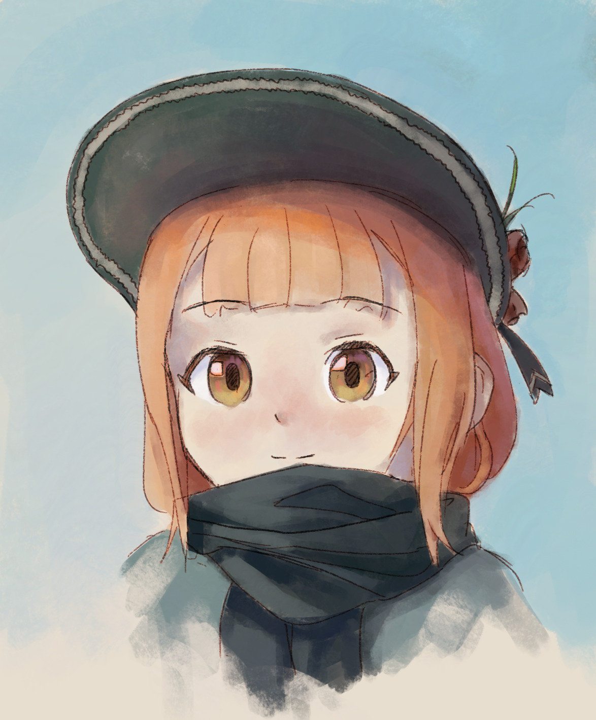 reddizen, beatrice (princess principal), princess principal, highres, 1girl, black hat, blue background, brown eyes, brown hair, hat, light smile, portrait, short hair, simple background, sketch, solo