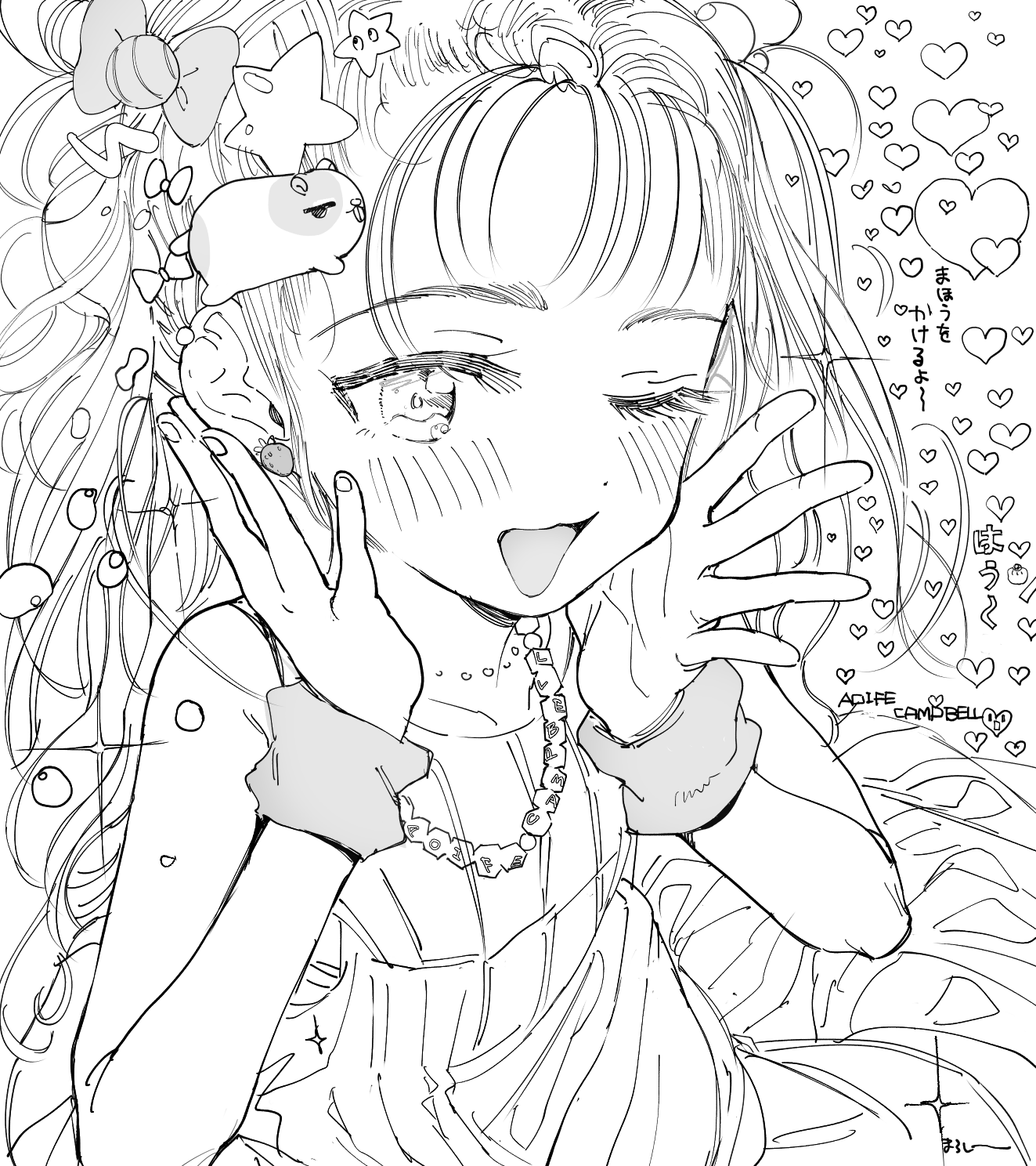 original, highres, 1girl, blush, bow, greyscale, hair bow, heart, jewelry, long hair, looking at viewer, maroyakasyumai, monochrome, necklace, one eye closed, smile, solo, star (symbol), yume kawaii