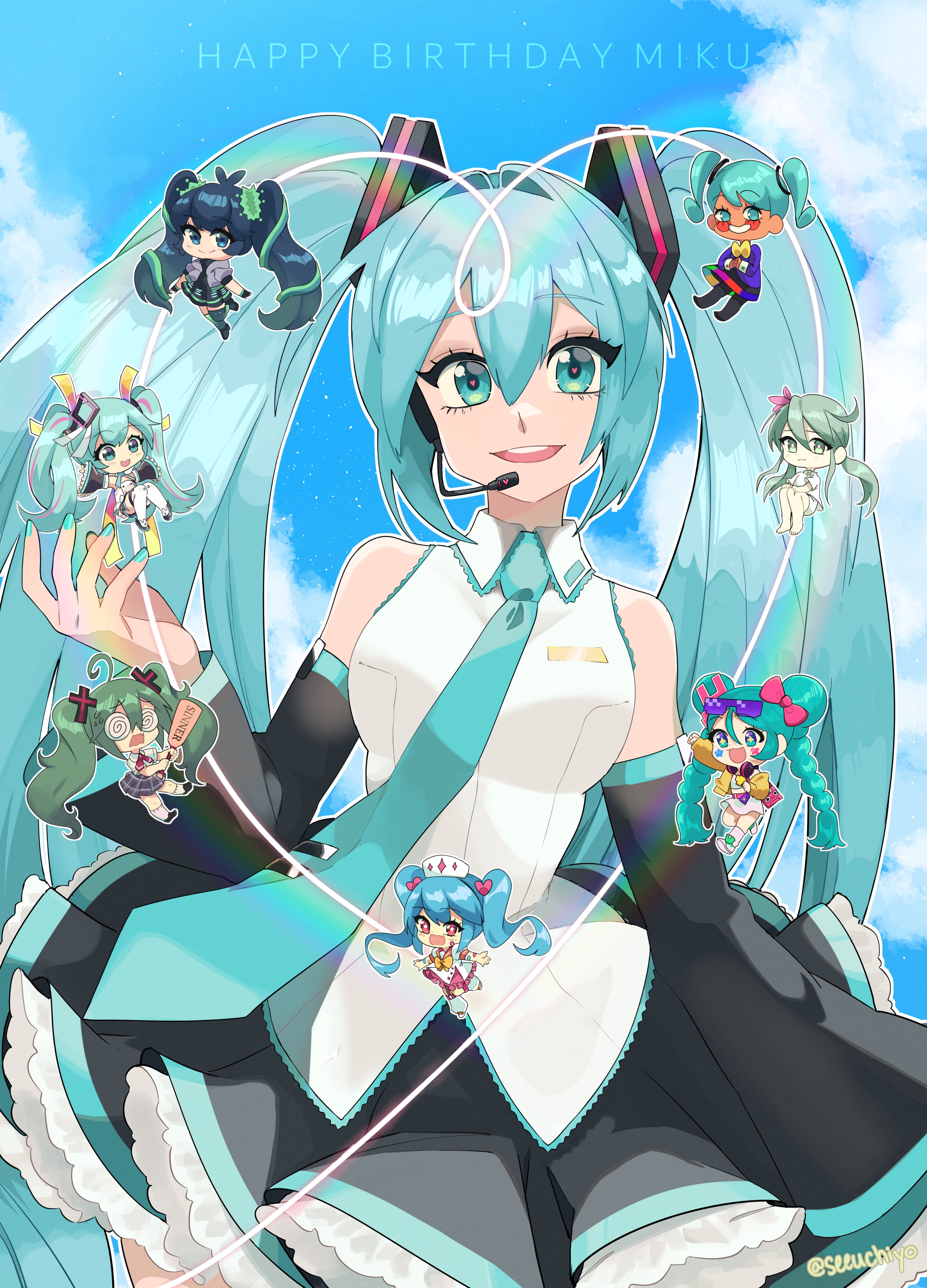 seeuchiyo, digital stars miku, digital stars miku (2025), hatsune miku, confessions of a rotten girl (vocaloid), m@gical cure! love shot! (vocaloid), vocaloid, absurdres, commentary, english commentary, highres, 1girl, ahoge, aqua eyes, aqua hair, aqua nails, aqua necktie, black skirt, black sleeves, blue sky, bow, breasts, character name, cloud, coke-bottle glasses, dark-skinned female, dark skin, detached sleeves, digital stars, glasses, hair between eyes, hair bow, hair intakes, hair ornament, happy, hatsune miku expo, headset, heart, heart hair ornament, holding, holding paddle, long sleeves, multiple persona, necktie, paddle, pink bow, plaid clothes, plaid skirt, pleated skirt, shirt, skirt, sky, sleeveless, sleeveless shirt, star (symbol), star sticker, static (vocaloid), sticker, teeth, tongue, twintails, twitter username, upper teeth only, white shirt