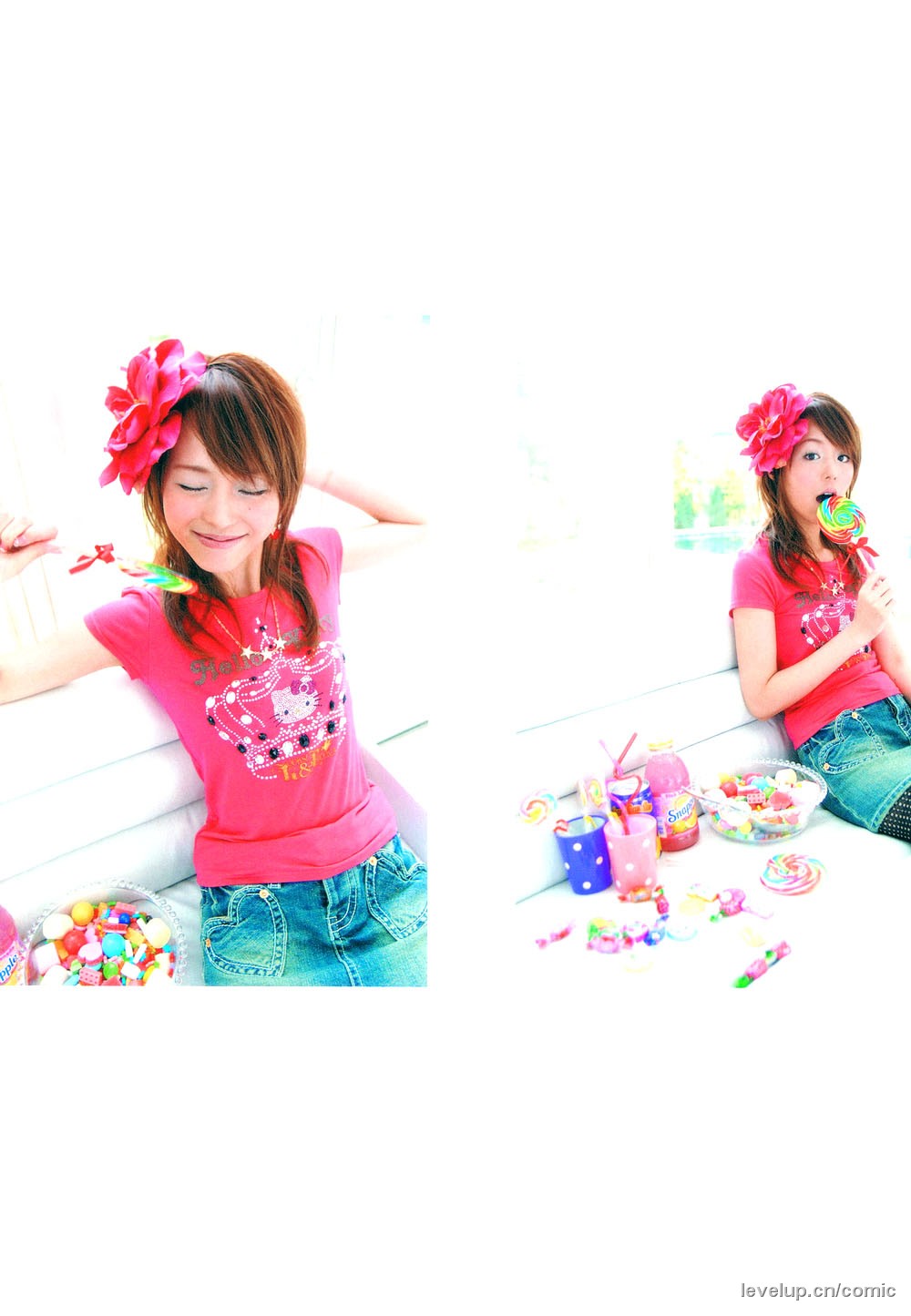 hirano aya, hello kitty, sanrio, fishnet legwear, highres, photo (medium), denim, denim skirt, fishnets, flower, shirt, skirt, t-shirt