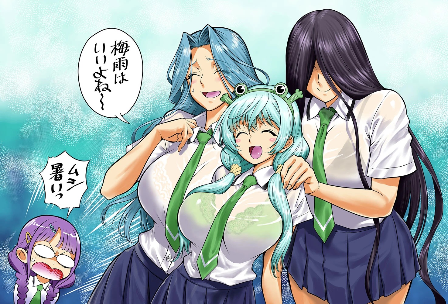 zol, amanaki ui, hazamada kirino, kirigasumi ritsuha, shinonome yahiro, lilith-soft, taimanin (series), taimanin rpgx, highres, translation request, 4girls, :o, animal hairband, aqua eyes, bare legs, black hair, blue hair, blush, braid, breasts, hair over eyes, hairband, large breasts, long hair, looking at another, low twintails, miniskirt, multiple girls, purple hair, school uniform, see-through clothes, see-through shirt, shirt, skirt, sweat, twin braids, twintails, wet, wet clothes, white shirt, wide hips