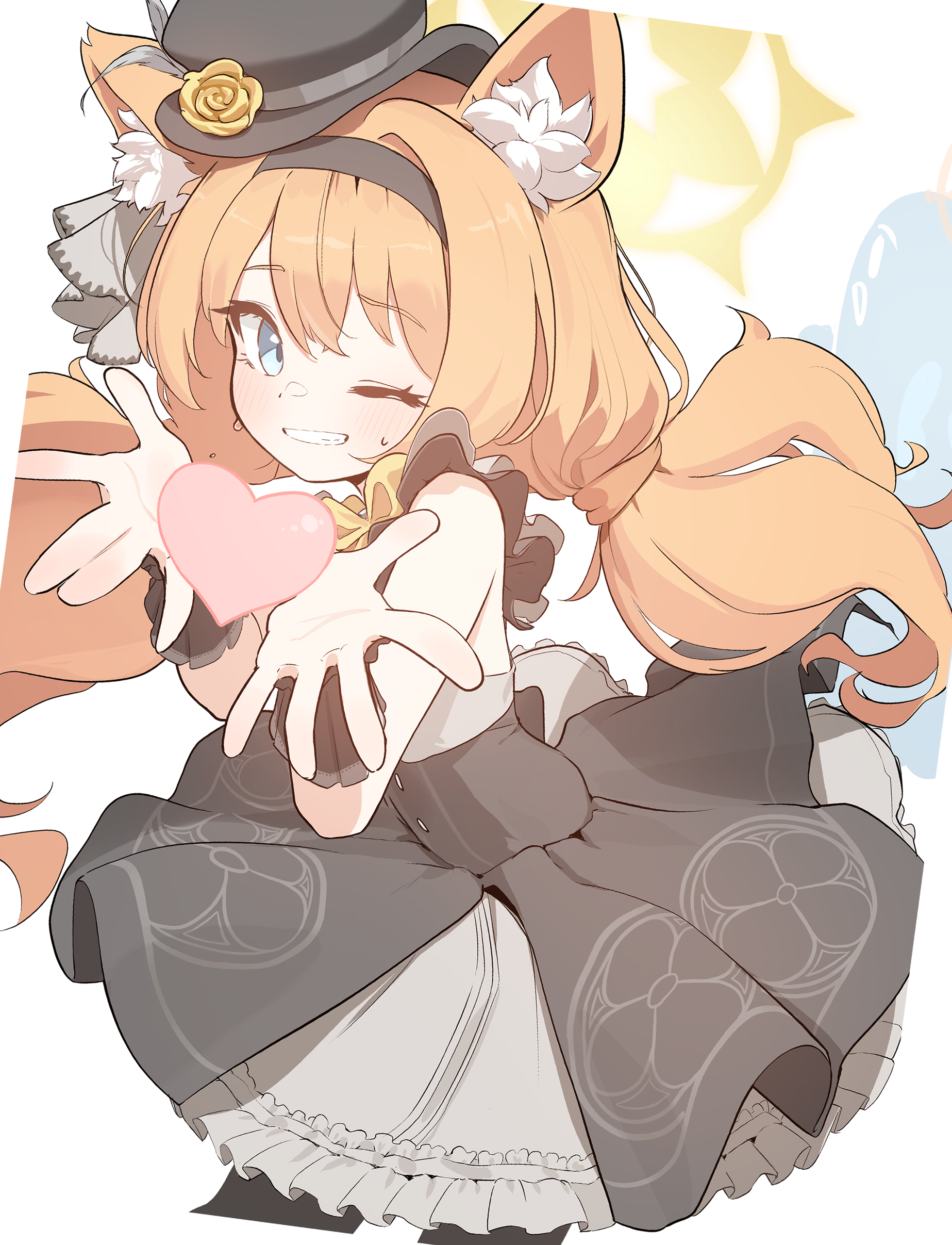 domado, mari (blue archive), mari (idol) (blue archive), blue archive, absurdres, highres, animal ears, bare shoulders, black pantyhose, blue eyes, cat ears, dress, grey dress, grey skirt, hair between eyes, halo, one eye closed, orange hair, pantyhose, skirt, thighs, twintails, yellow halo