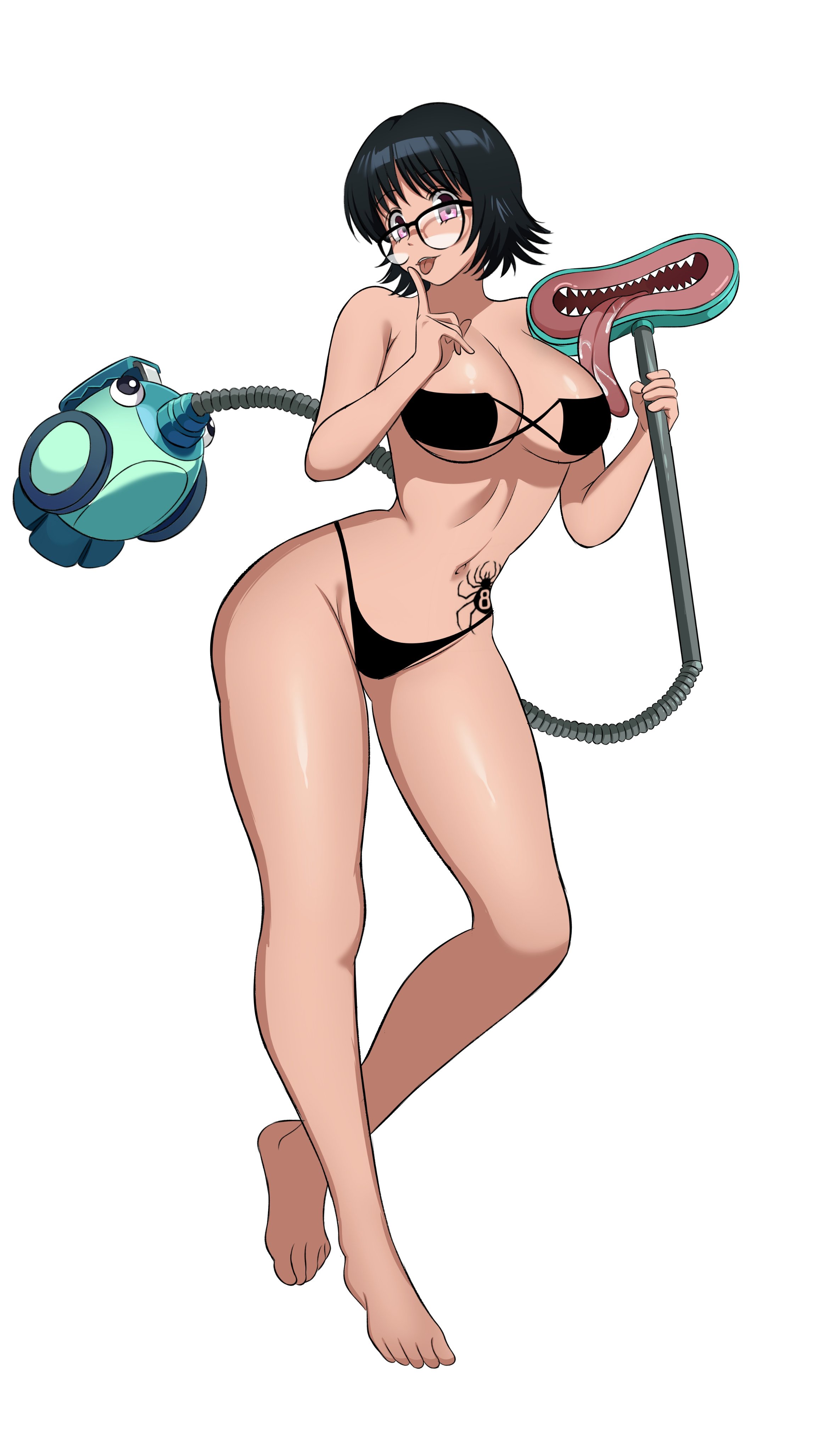 zuyu (zuyuzuyu6), blinky (hunter x hunter), hunter x hunter, absurdres, commission, highres, 1girl, barefoot, bikini, black bikini, black hair, breasts, cleavage, glasses, large breasts, looking at viewer, pink eyes, short hair, simple background, solo, spider tattoo, swimsuit, tattoo, tongue, tongue out, white background