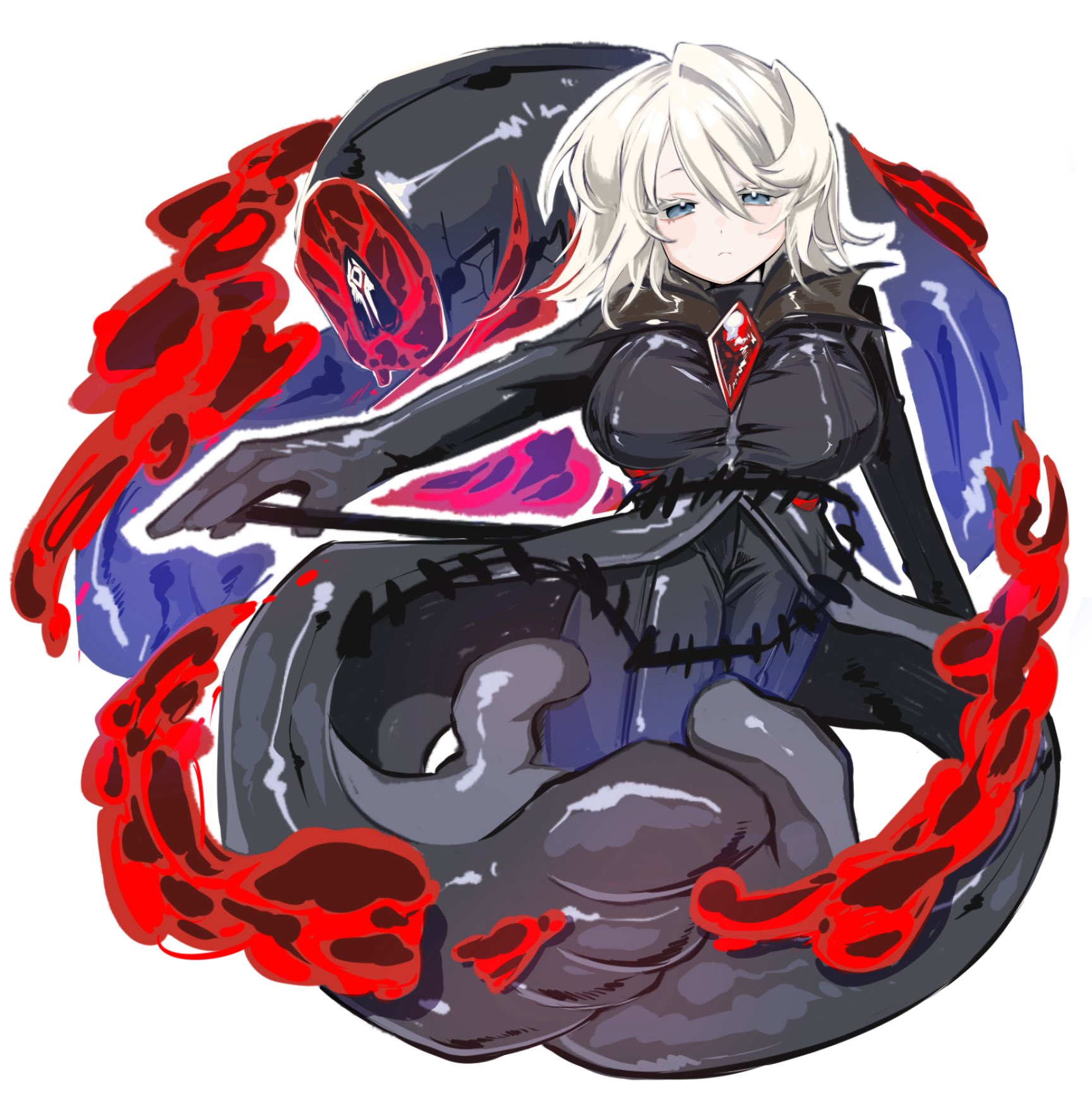 nantekottawo!!, faust (project moon), headless ichthys, limbus company, project moon, highres, 1girl, black pants, blood, breasts, cowboy shot, e.g.o (project moon), fluid sac (e.g.o), gem, huge breasts, large breasts, looking at viewer, pants, red gemstone, shirt, short hair, simple background, solo, white background, white shirt