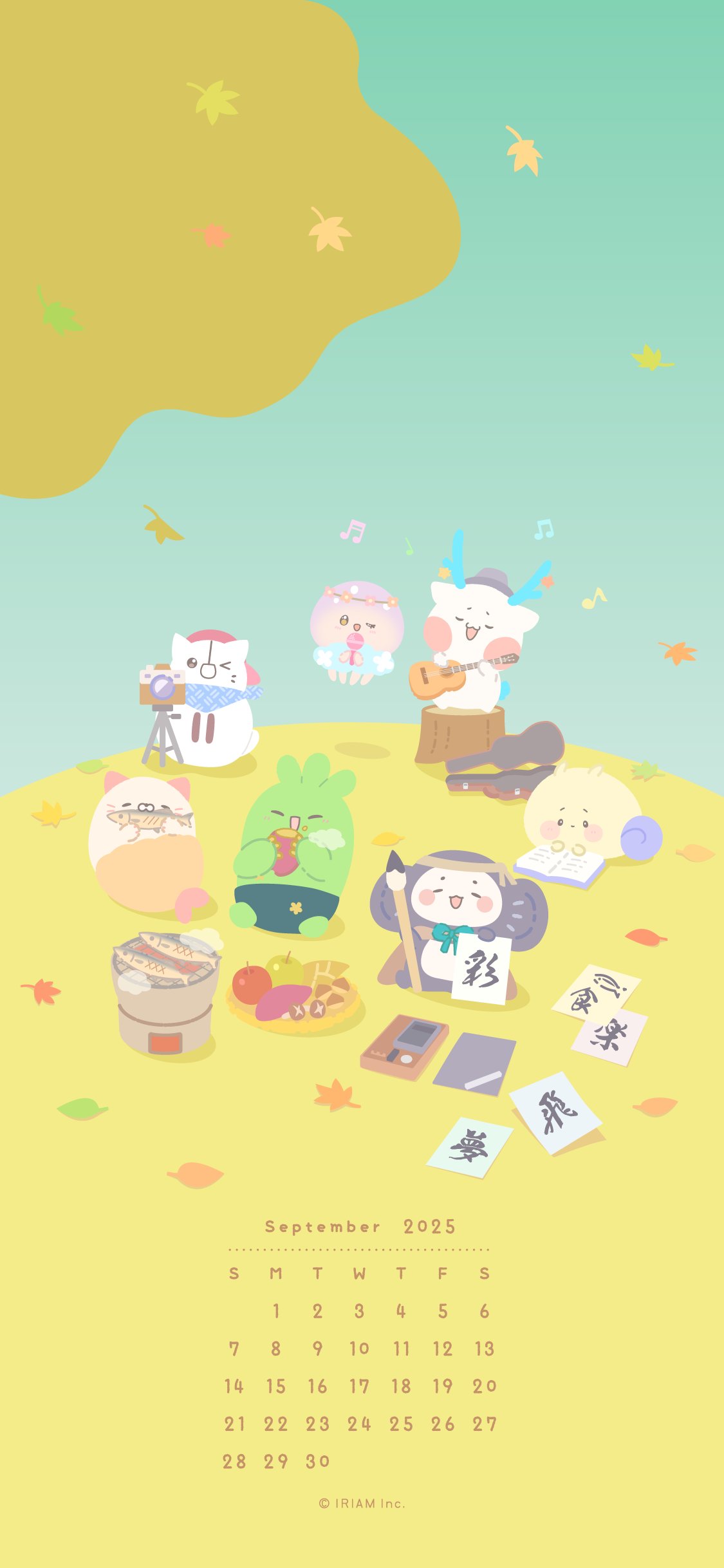 shirasu (iriam), iriam, absurdres, commentary request, highres, official art, 2025, ;d, apple, autumn leaves, black hat, book, bukucha (iriam), calendar (medium), calligraphy, calligraphy brush, calligraphy paper, camera, copyright notice, eating, fish, food, fruit, guitar, guitar case, hat, holding, holding calligraphy brush, holding food, holding paintbrush, hoshiika (iriam), instrument, instrument case, leaf, mushroom, musical note, nekocoro (iriam), no humans, one eye closed, open book, open mouth, paintbrush, red hat, sabobon (iriam), september, smile, sweet potato, tree stump, tripod, tsumumaru (iriam), yuramii (iriam)