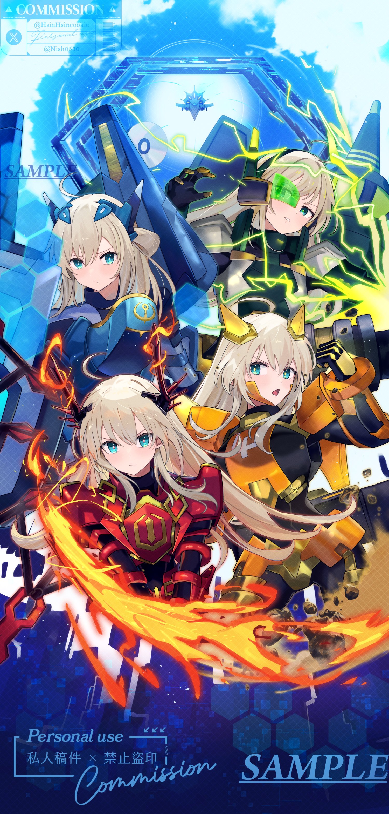 hsin, sky striker ace – hayate, sky striker ace – kagari, sky striker ace – raye, yu-gi-oh!, absurdres, highres, second-party source, 4girls, armor, blonde hair, duel monster, fire, gloves, green-tinted eyewear, green eyes, headgear, lightning, long hair, looking at viewer, mecha musume, mechanical arms, mechanical wings, military vehicle, multiple girls, multiple persona, one side up, ship, sky striker ace – kaina, sky striker ace – shizuku, tinted eyewear, warship, watercraft, weapon, wings