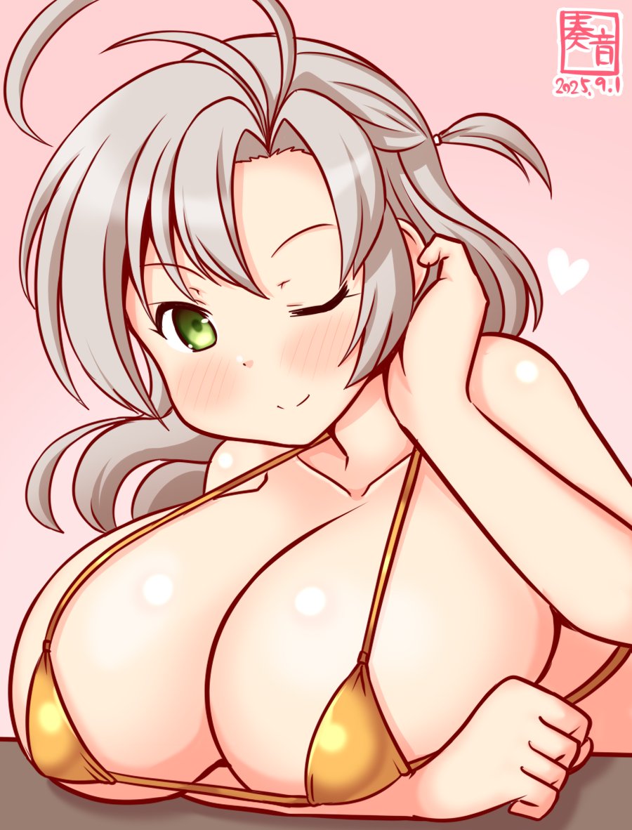 kanon (kurogane knights), kinugasa (kancolle), kinugasa kai ni (kancolle), kantai collection, 1girl, antenna hair, artist logo, breast rest, breasts, dated, gradient background, green eyes, grey hair, large breasts, logo, looking at viewer, one eye closed, pink background, smile, solo, upper body