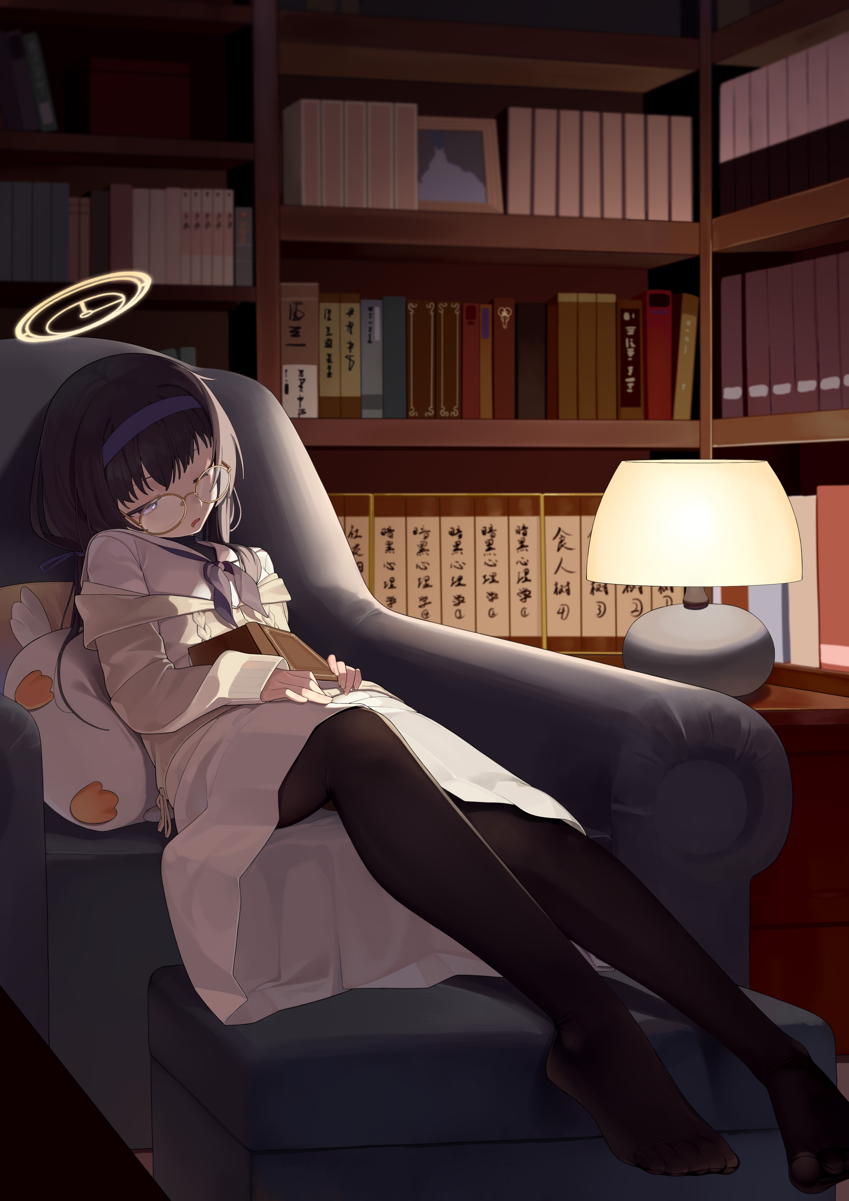 ui (blue archive), blue archive, absurdres, commentary request, highres, 1girl, armchair, black hair, blue hairband, book, book on lap, bookshelf, cardigan, chair, feet, glasses, hairband, half-closed eye, halo, indoors, lamp, lampshade, library, neckerchief, no shoes, one eye closed, open mouth, pantyhose, pillow, purple eyes, purple hairband, purple neckerchief, reclining, resting, round eyewear, sailor collar, school uniform, serafuku, skirt, solo, stuffed toy, undershirt, user cpga2388, white sailor collar, white serafuku, white skirt, yellow halo