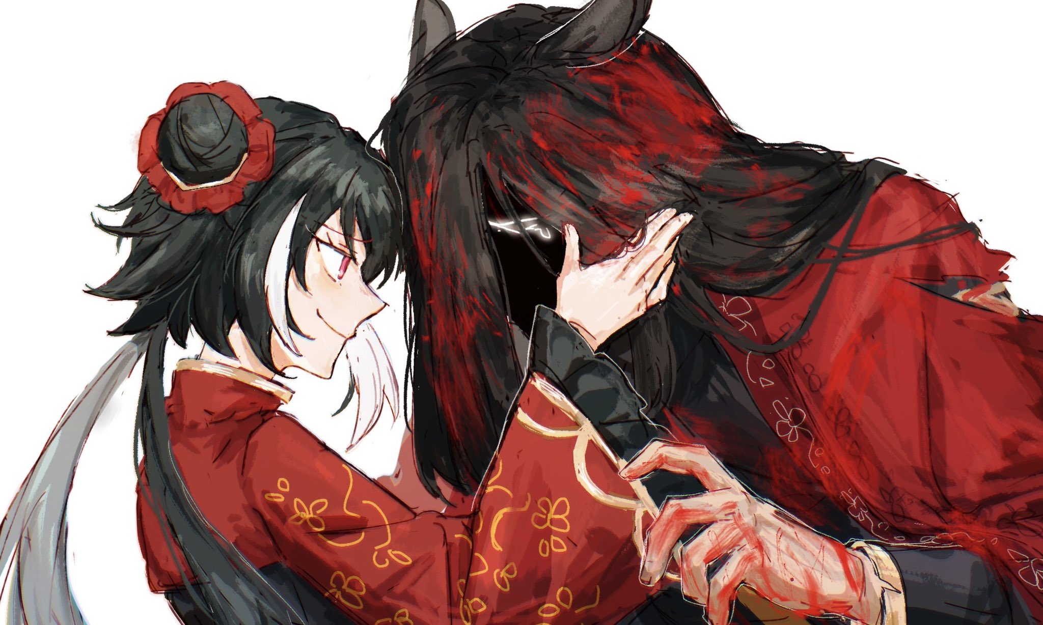 kelala r, jia xichun (project moon), limbus company, project moon, highres, 1boy, 1girl, animal ears, black hair, blood, blood in hair, blood on clothes, blood on hands, closed mouth, coat, crying, frilled sleeves, frills, horse ears, jacket, long hair, low twintails, multicolored hair, red coat, red jacket, smile, streaked hair, twintails, very long hair, wei (project moon), white background, white hair, wide sleeves