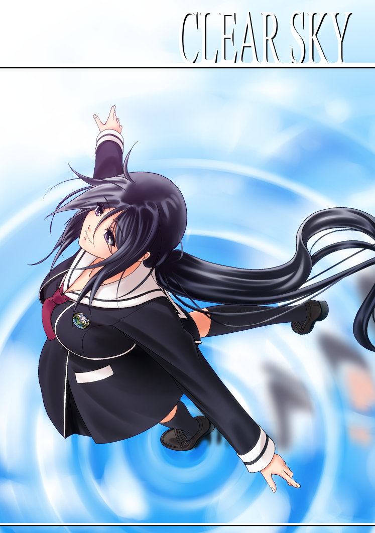 eibon, kunosato mio, chaos;child, science adventure, shiny eyes, 1girl, ahoge, black hair, black socks, from above, hair between eyes, hekiho academy school uniform, kneehighs, loafers, long hair, messy hair, miniskirt, necktie, no coat, outstretched arms, purple eyes, purple hair, red necktie, school uniform, shoes, short necktie, skirt, smile, socks, solo, standing, standing on one leg, very long hair