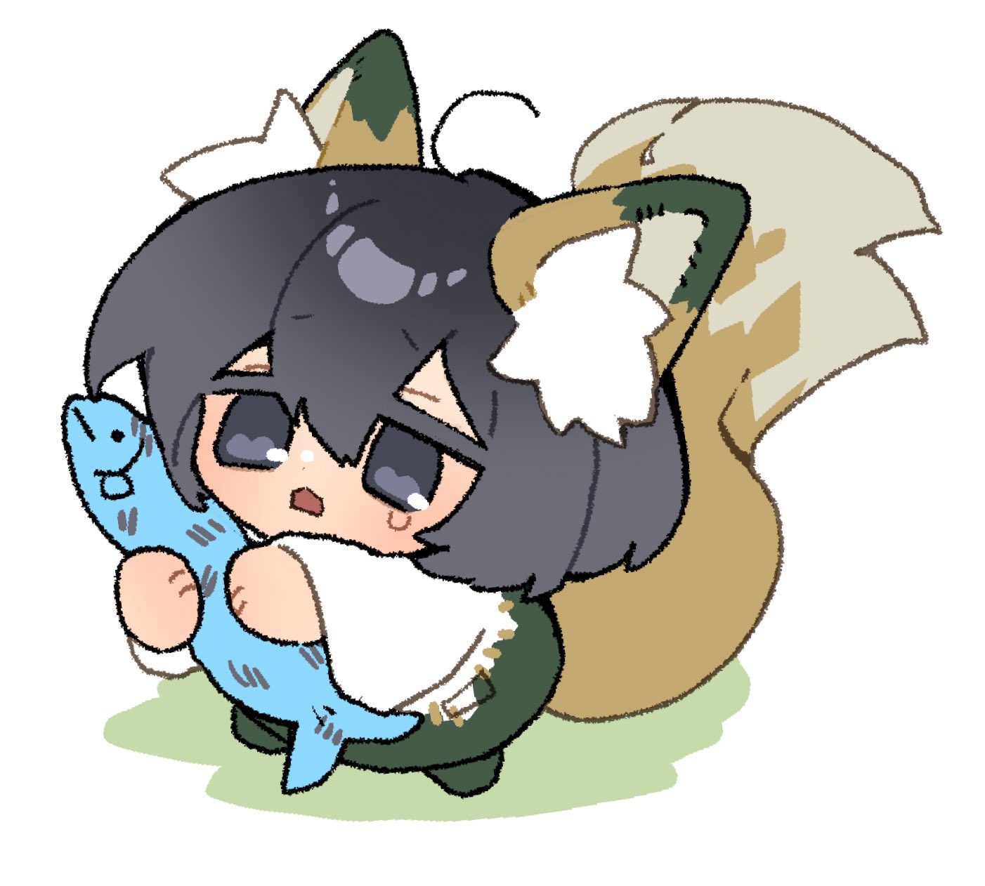 nantekottawo!!, yi sang (project moon), limbus company, project moon, highres, 1boy, animal ears, chibi, crying, e.g.o (project moon), fox ears, fox tail, full body, open mouth, raincoat, simple background, solo, stuffed animal, stuffed fish, stuffed toy, sunshower (e.g.o), tail, white background, white raincoat