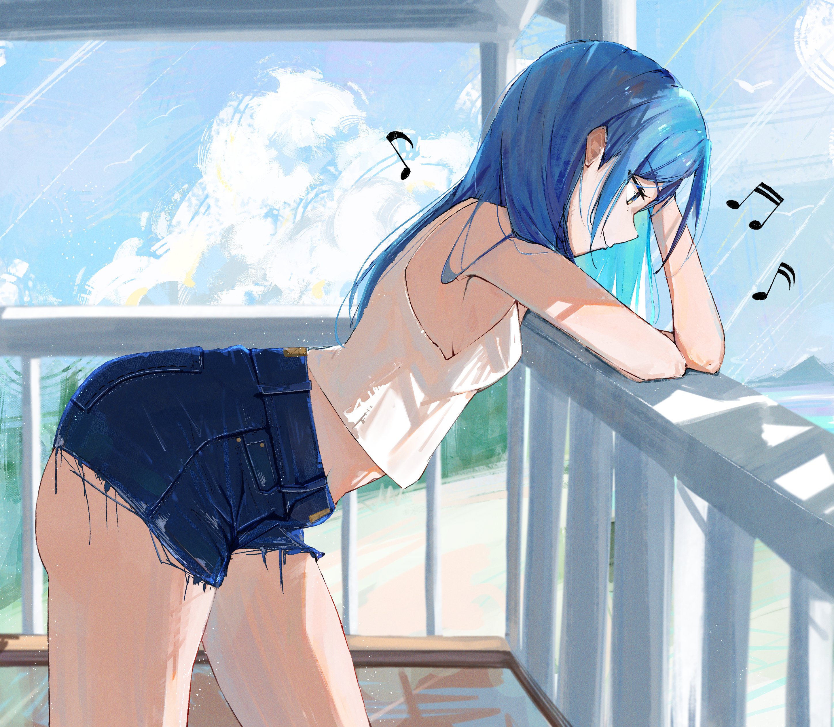 virgo76612871, hoshimachi suisei, hololive, absurdres, highres, 1girl, arm rest, blue shorts, blue sky, breasts, camisole, cloud, day, denim, denim shorts, elbow rest, from side, long hair, looking down, musical note, on railing, outdoors, railing, shorts, sky, small breasts, solo, spoken musical note, thighs, virtual youtuber, white camisole
