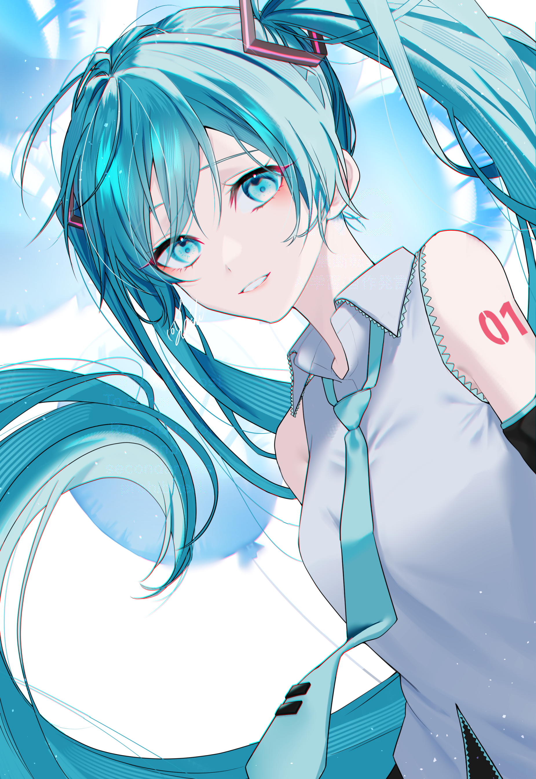 hatsune miku, vocaloid, absurdres, highres, 1girl, aqua eyes, aqua hair, aqua necktie, aqua trim, arm tattoo, breasts, collared shirt, detached sleeves, grey shirt, hair between eyes, hair ornament, long hair, looking at viewer, medium breasts, necktie, number tattoo, parted lips, shirt, signature, sleeveless, sleeveless shirt, smile, solo, tattoo, toichi101, twintails, very long hair