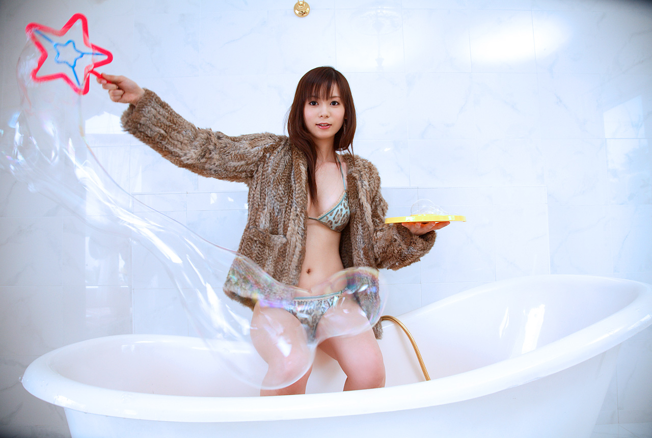 nakagawa shoko, photo (medium), animal print, asian, bikini, bubble, bubble wand, coat, fur coat, leopard print, swimsuit