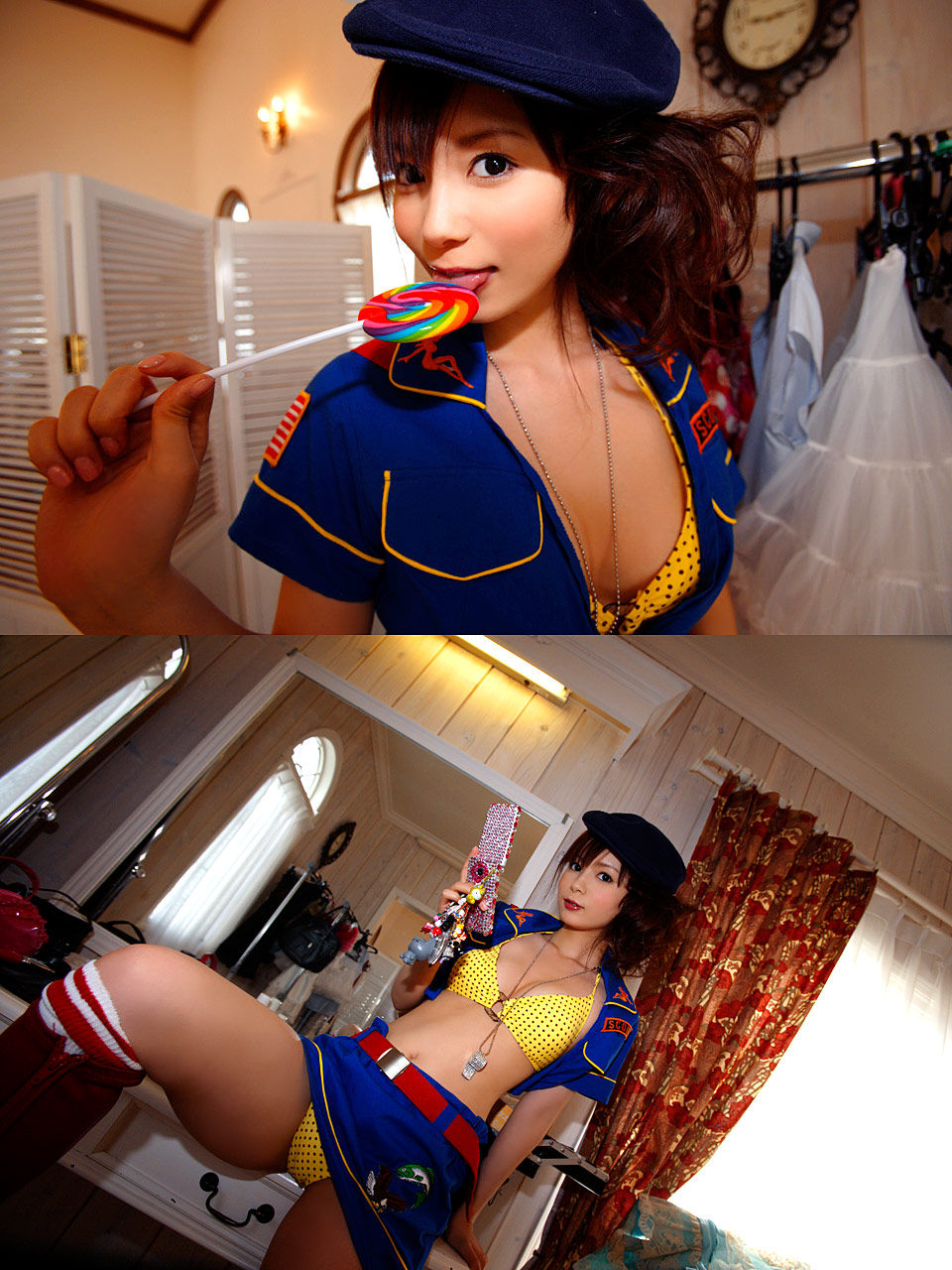 nakagawa shoko, highres, photo (medium), beret, boots, bra, candy, cellphone, clothes lift, cosplay, food, hat, kneehighs, lingerie, lollipop, open clothes, open shirt, panties, phone, police, police uniform, policewoman, polka dot, shirt, skirt, skirt lift, socks, underwear, whistle