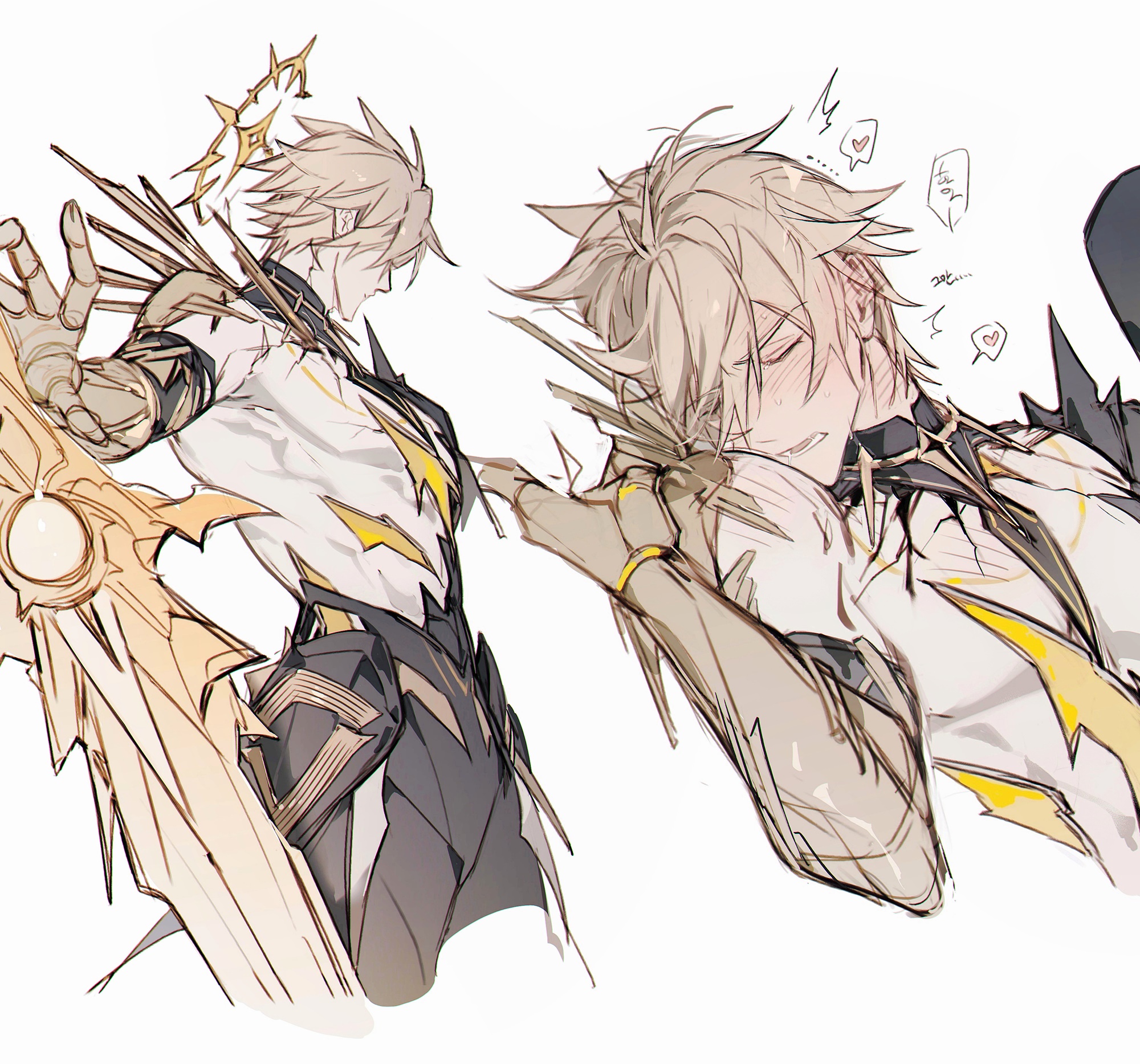 gyulseu, phainon (honkai: star rail), phainon (khaslana) (honkai: star rail), honkai: star rail, honkai (series), commentary request, highres, korean commentary, 1boy, blonde hair, blush, closed eyes, cowboy shot, cropped legs, halo, halo behind head, heart, implied sex, male focus, simple background, solo, spiked halo, spoken heart, white background, yellow halo