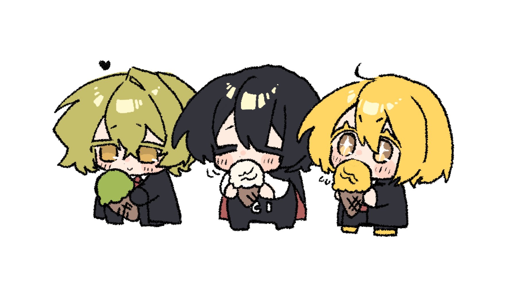 nantekottawo!!, don quixote (project moon), sinclair (project moon), yi sang (project moon), limbus company, project moon, highres, 1girl, 2boys, black coat, black hair, blonde hair, blush, chibi, coat, coat on shoulders, eating, food, heart, ice cream, long sleeves, multiple boys, short hair, simple background, sparkling eyes, white background, yellow eyes
