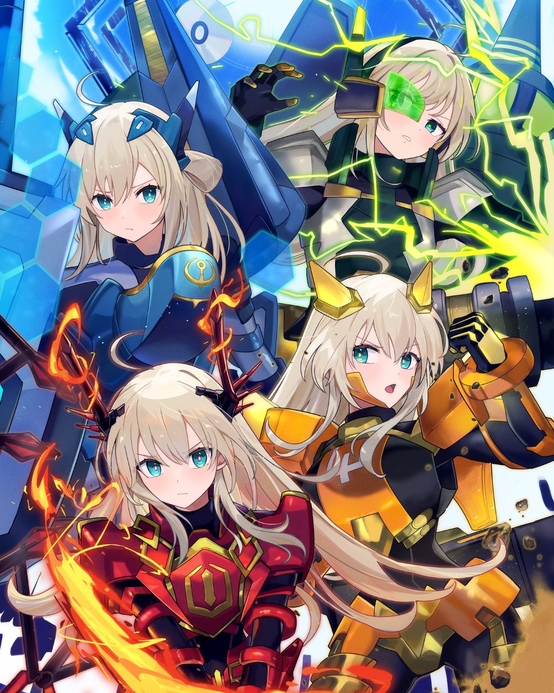 hsin, thesleevechief, sky striker ace – hayate, sky striker ace – kagari, sky striker ace – raye, yu-gi-oh!, highres, second-party source, 4girls, armor, blonde hair, duel monster, fire, gloves, green-tinted eyewear, green eyes, headgear, lightning, long hair, looking at viewer, mecha musume, mechanical arms, mechanical wings, multiple girls, multiple persona, one side up, science fiction, sky striker ace – kaina, sky striker ace – shizuku, tinted eyewear, weapon, wings