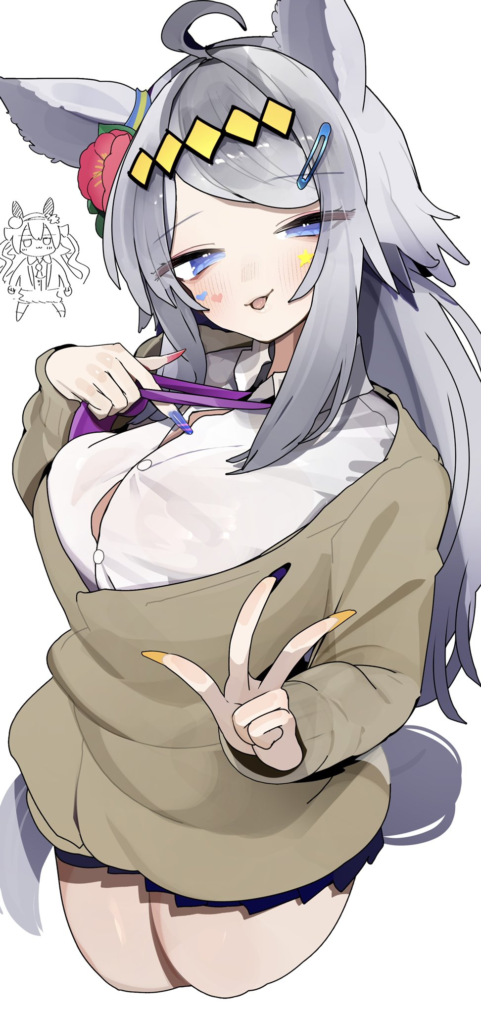 tamukoro, oguri cap (umamusume), tamamo cross (umamusume), umamusume, umamusume: cinderella gray, highres, 1girl, 2girls, ahoge, animal ears, black skirt, blue eyes, breasts, brown cardigan, cardigan, collared shirt, grey hair, hair ornament, horse ears, horse girl, horse tail, large breasts, long hair, long sleeves, looking at viewer, multiple girls, nail polish, necktie, purple necktie, school uniform, shirt, skirt, solo focus, tail, thighs, white shirt