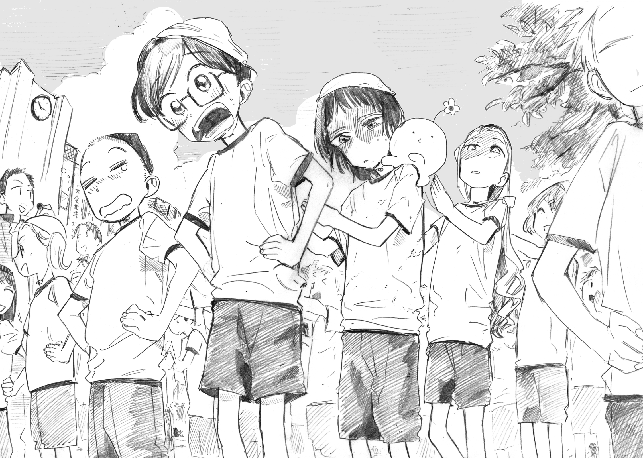 azuma naoki, kirarazaka marina, kuze shizuka, takopii, takopii no genzai, highres, official art, ^3^, black eyes, black hair, blonde hair, blush, building, clock, flower, glasses, hands on own hips, long hair, monochrome, octopus, shirt, short hair, shorts, sportswear, taizan5, tree, yawning, yellow eyes