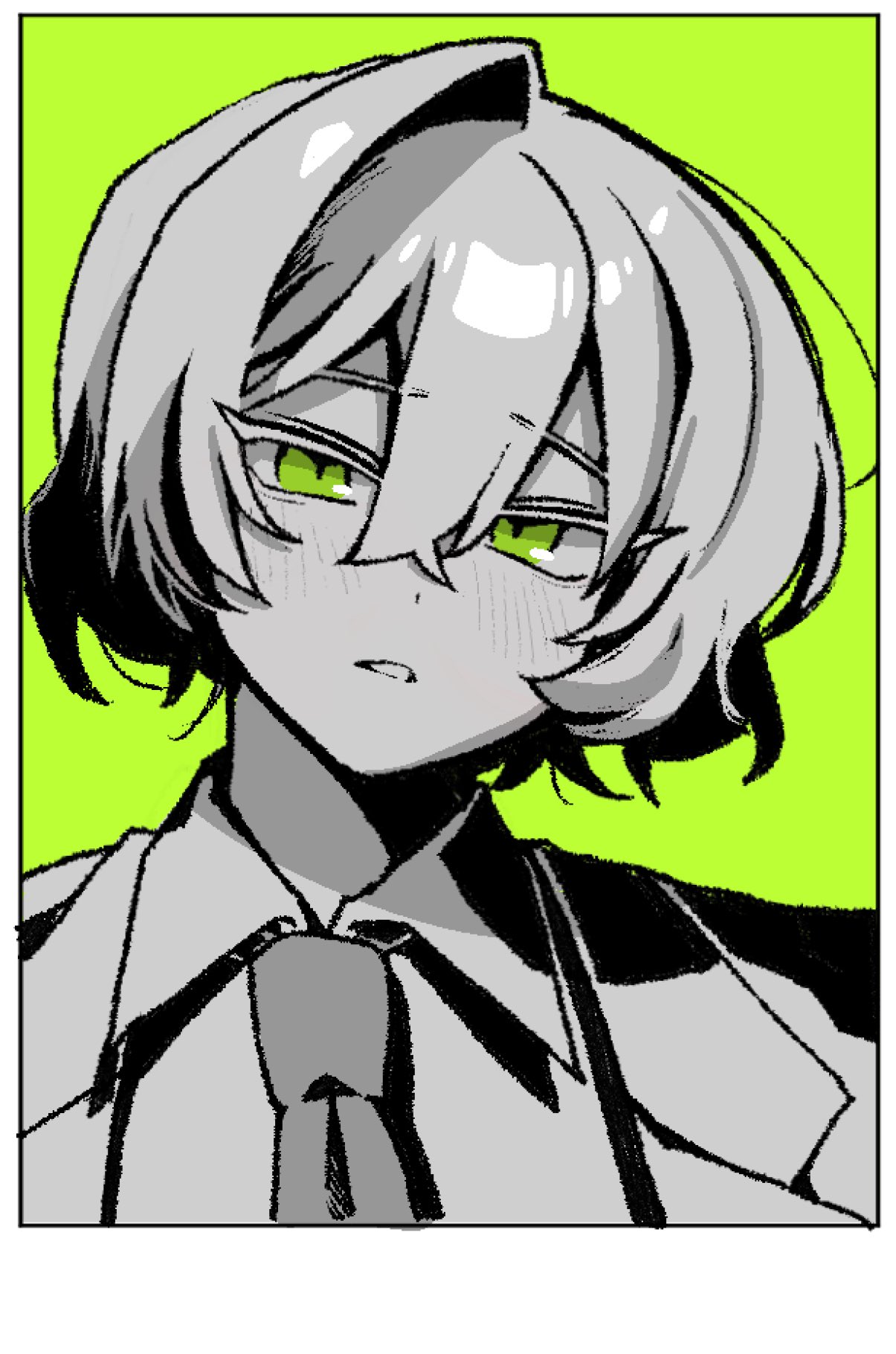 nantekottawo!!, sinclair (project moon), limbus company, project moon, highres, 1boy, coat, collared shirt, green background, green eyes, greyscale with colored background, lapels, long sleeves, looking at viewer, male focus, necktie, notched lapels, parted lips, shirt, simple background, solo, spot color