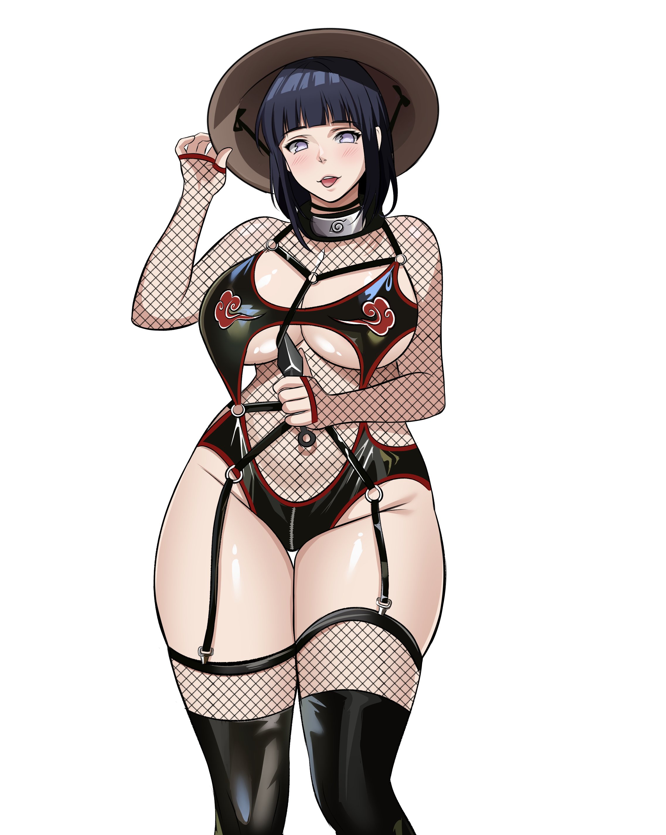 zuyu (zuyuzuyu6), hyuuga hinata, naruto (series), naruto shippuuden, absurdres, highres, 1girl, black hair, black leotard, black thighhighs, breasts, cowboy shot, fishnet shrug, hat, holding, holding kunai, holding weapon, kunai, large breasts, leotard, looking at viewer, no pupils, purple eyes, simple background, solo, thighhighs, weapon