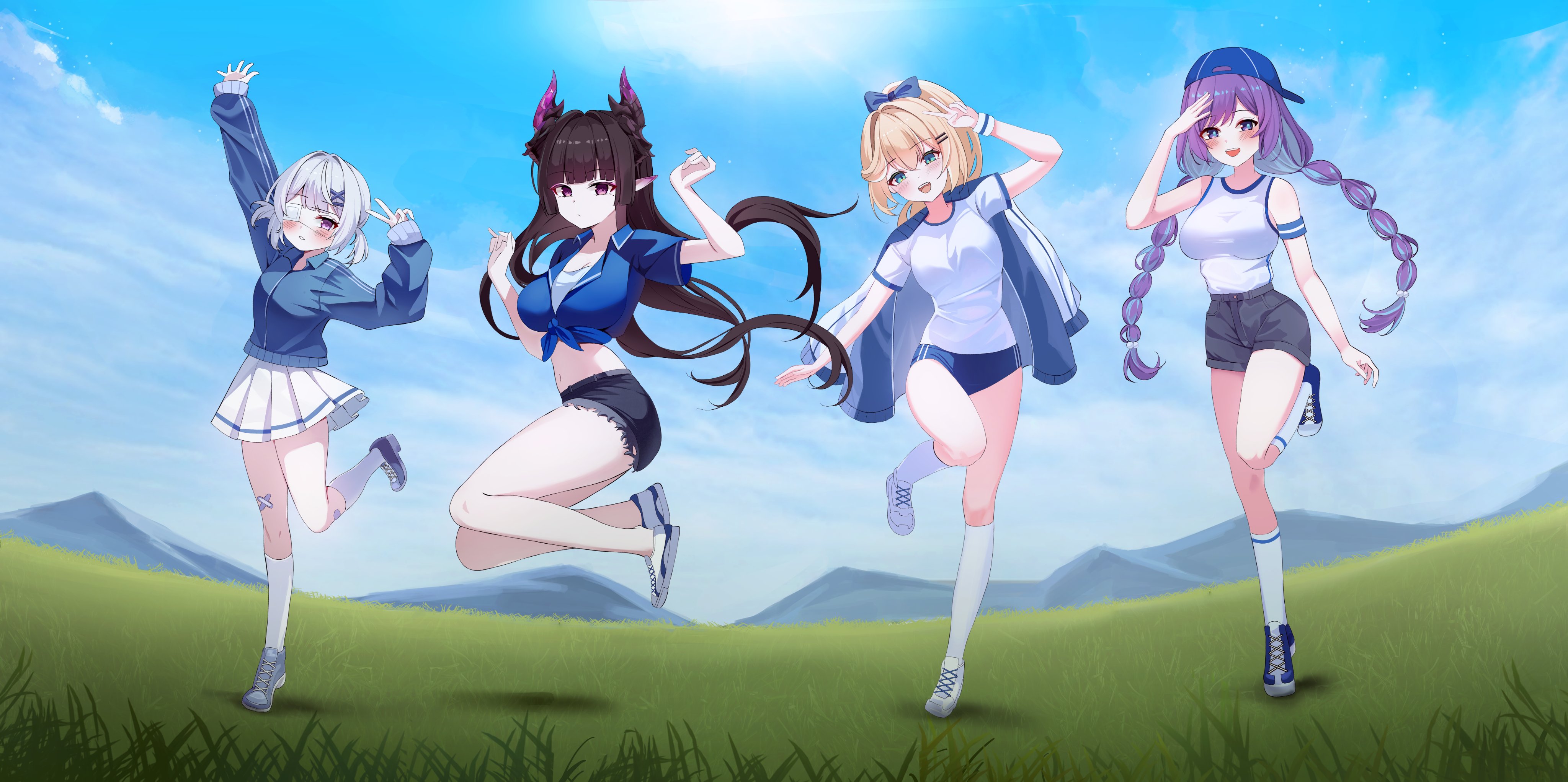 leepy, absurdres, character request, commentary request, highres, korean commentary, 4girls, arm up, armband, backwards hat, bare legs, bare shoulders, baseball cap, black hair, black shorts, blue buruma, blue eyes, blue hat, blue jacket, blue shirt, bow, braid, breasts, buruma, collared shirt, crop top, cutoffs, day, eyepatch, front-tie top, grey shorts, hair bow, hands up, hat, horns, jacket, kneehighs, large breasts, leg up, legs up, long hair, looking at viewer, medical eyepatch, midair, midriff, miniskirt, multiple girls, navel, open mouth, outdoors, pleated skirt, pointy ears, ponytail, purple eyes, shirai kyoka, shirt, shoes, short shorts, short sleeves, short twintails, shorts, skirt, sleeveless, sleeveless shirt, smile, sneakers, socks, standing, stomach, thighs, twin braids, twintails, verita, very long hair, virtual youtuber, white hair, white shirt, white shoes, white skirt, white socks