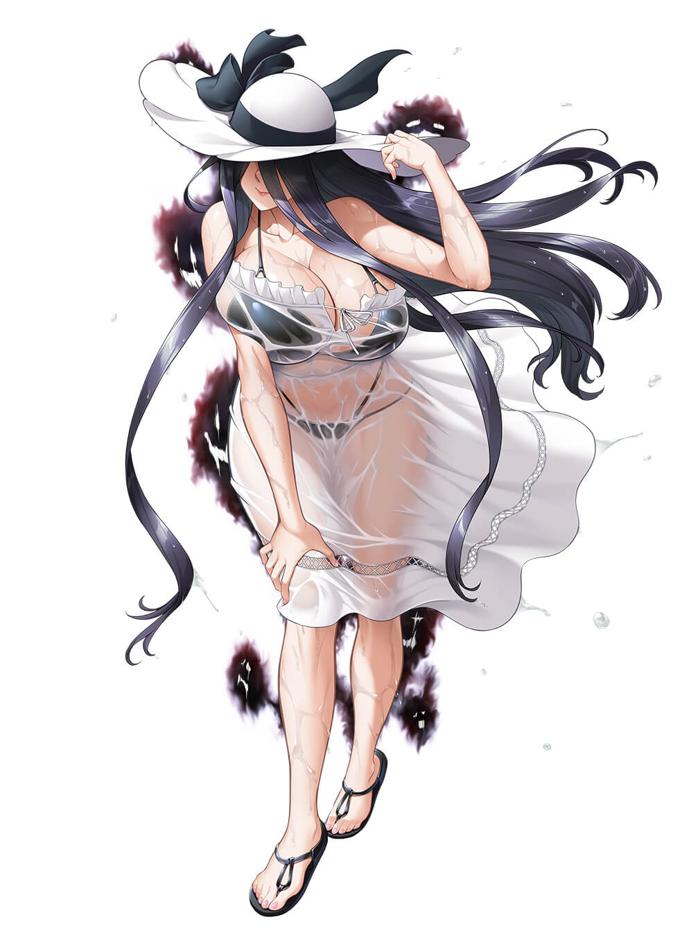zol, shinonome yahiro, taimanin (series), taimanin rpgx, highres, official art, 1girl, :>, bikini, bikini under clothes, black bikini, black hair, breasts, cleavage, curvy, dress, floating hair, full body, hair over eyes, hand on own knee, hat, long hair, sandals, see-through clothes, shiny skin, smile, soaking feet, solo, spaghetti strap, standing, sun hat, swimsuit, very long hair, water, wet, wet clothes, white background, white dress, wide hips