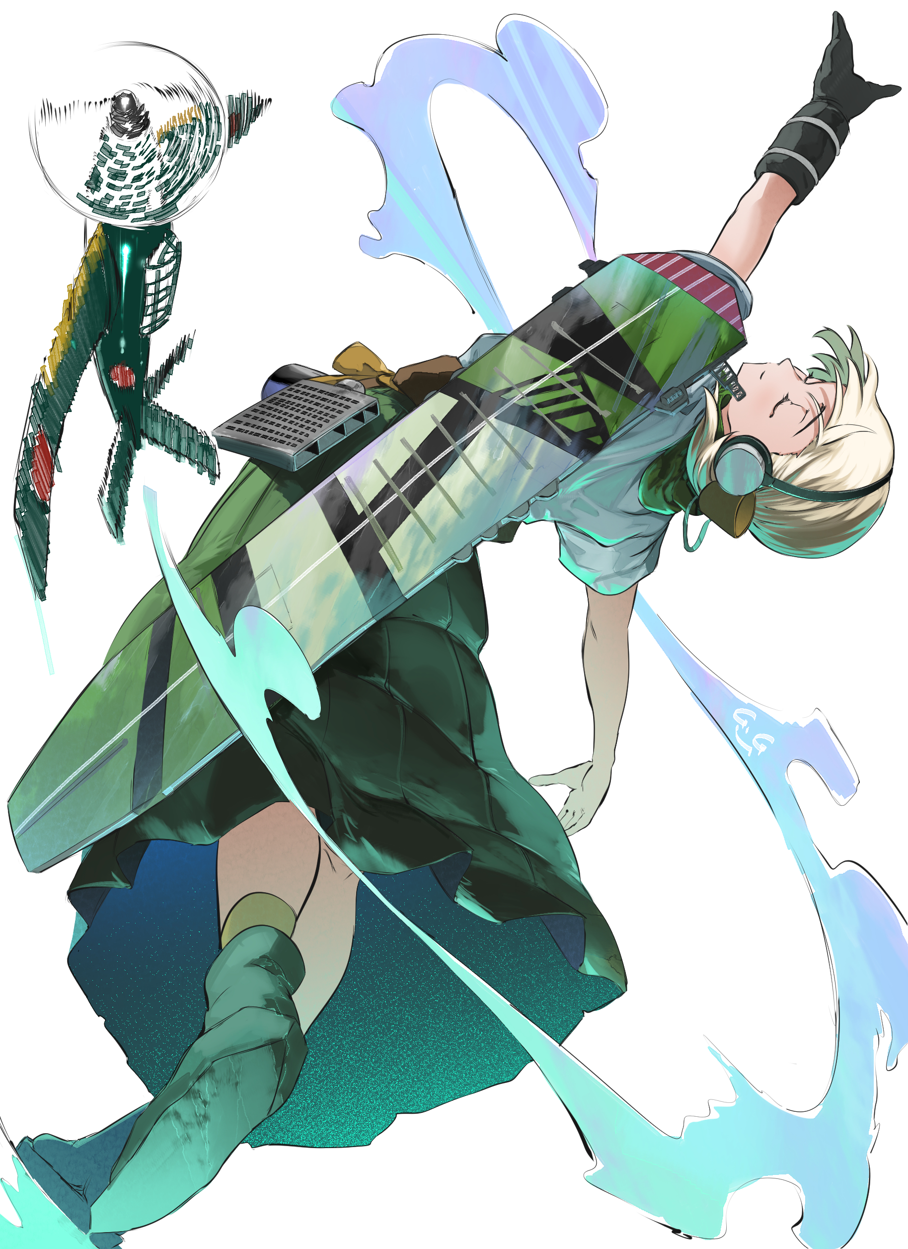 gegesan, shin'you (kancolle), kantai collection, absurdres, highres, 1girl, aircraft, airplane, b5n, blonde hair, blush, bomber, closed eyes, flight deck, green hakama, hair ornament, hair ribbon, hakama, hakama skirt, headphones, japanese clothes, long hair, military vehicle, ribbon, side ponytail, skirt, smile, solo, torpedo bomber, white background
