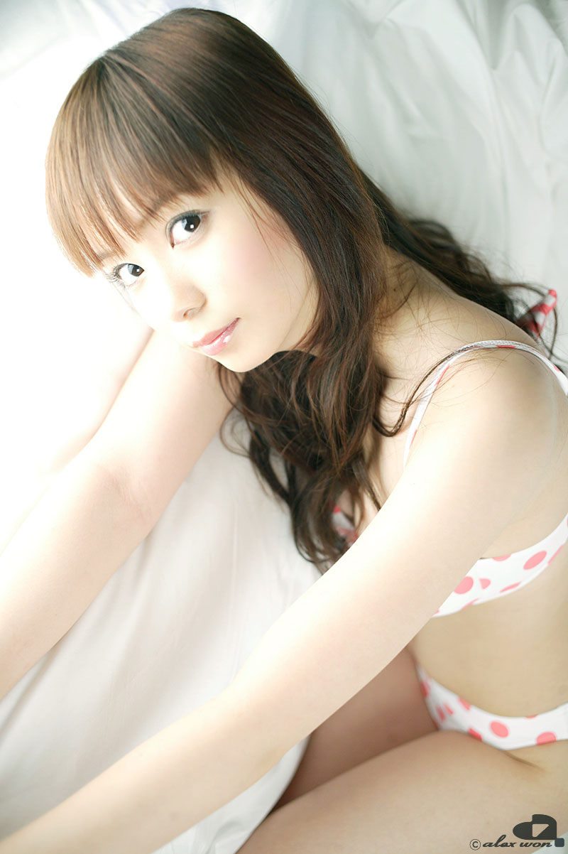 nakagawa shoko, highres, photo (medium), bed, bikini, polka dot, swimsuit