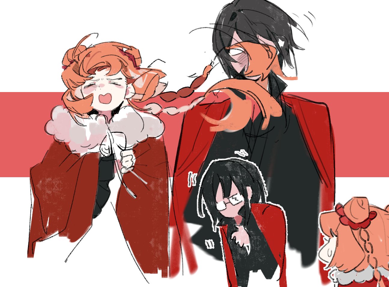 jingshenhuanghu, ishmael (project moon), yi sang (project moon), limbus company, project moon, 1boy, 1girl, black hair, braid, closed eyes, coat, double bun, family hierarch candidate (identity) (project moon), floating hair, frilled sleeves, frills, glasses, hair bun, jacket, long hair, low twin braids, medium hair, open mouth, orange hair, red coat, red jacket, twin braids, very long hair