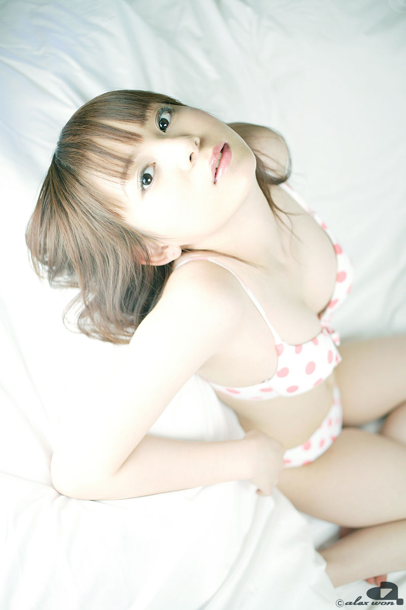 nakagawa shoko, highres, photo (medium), bed, bikini, polka dot, swimsuit