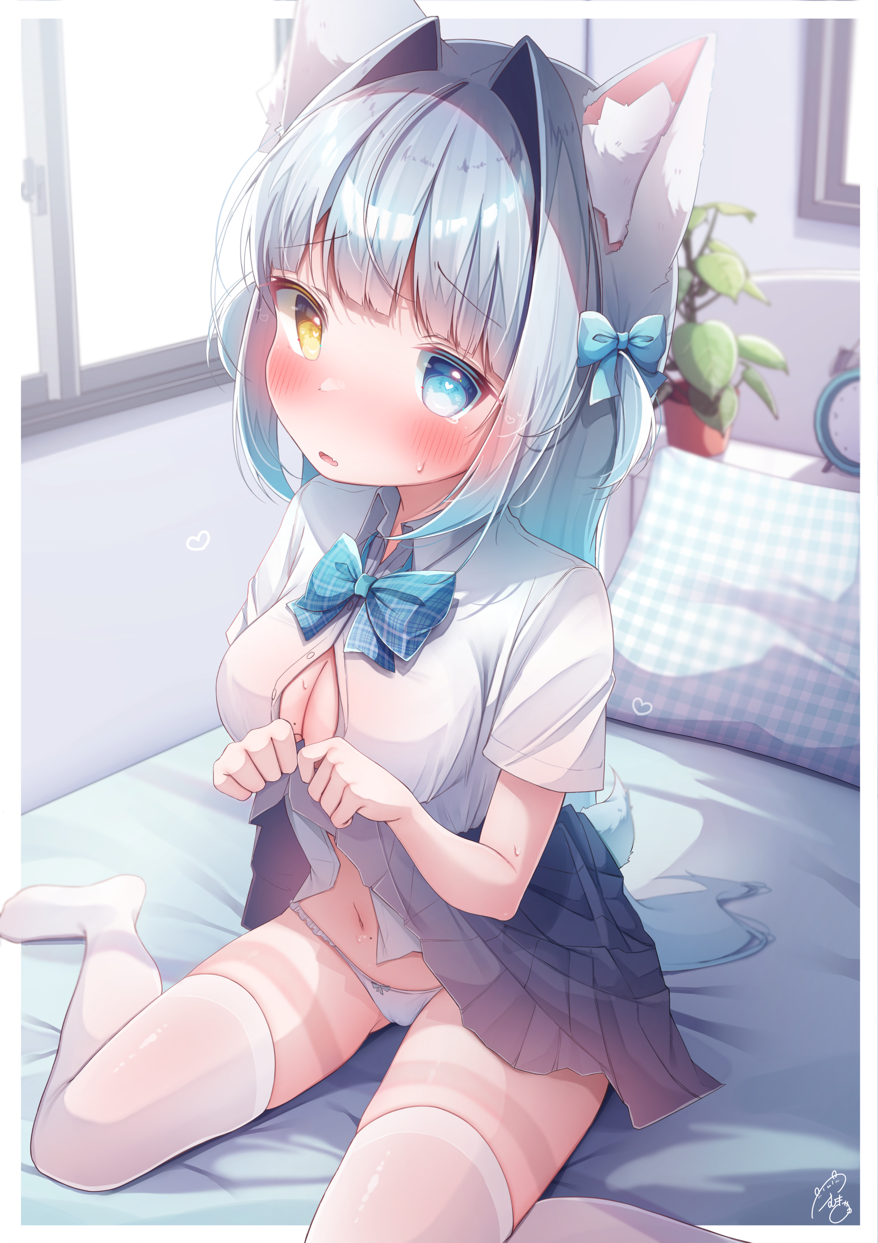 komugi (2212), komugi-chan (komugi), original, absurdres, commentary request, highres, 1girl, alarm clock, animal ear fluff, animal ears, bedroom, blue bow, blue bowtie, blue eyes, blue skirt, blush, border, bow, bowtie, breasts, button gap, cleavage, clock, clothes lift, day, dress shirt, fang, frown, hair bow, hair intakes, heart, heart-shaped pupils, heterochromia, indoors, lifting own clothes, looking at viewer, loving aura, medium breasts, medium hair, mole, mole on stomach, navel, nervous sweating, no shoes, nose blush, on bed, panties, partially unbuttoned, pillow, plaid bow, plaid bowtie, plaid clothes, plaid pillow, plant, pleated skirt, potted plant, school uniform, shirt, short sleeves, signature, sitting, skin fang, skirt, skirt lift, sweat, symbol-shaped pupils, tail, thighhighs, two side up, underwear, wariza, white border, white panties, white shirt, white thighhighs, window, wing collar, wolf ears, wolf girl, wolf tail, yellow eyes