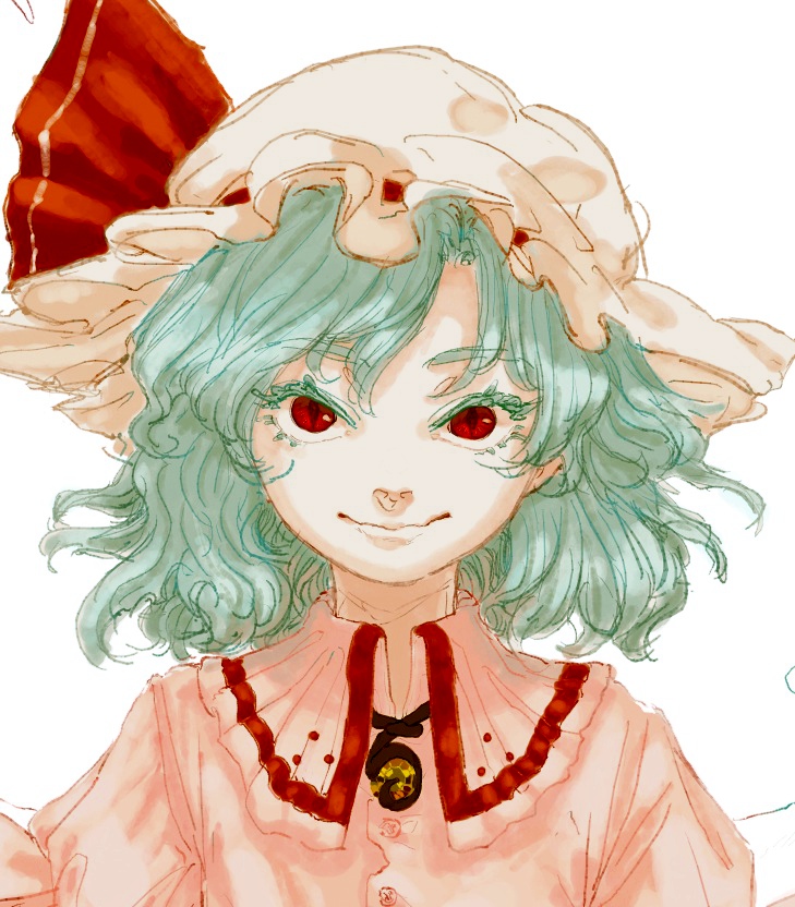 remilia scarlet, touhou, 1girl, alshie7910, blue hair, collared shirt, facing viewer, hat, lips, mob cap, pink shirt, portrait, red eyes, red ribbon, red trim, ribbon, ribbon-trimmed hat, shirt, solo, white hat, yellow brooch