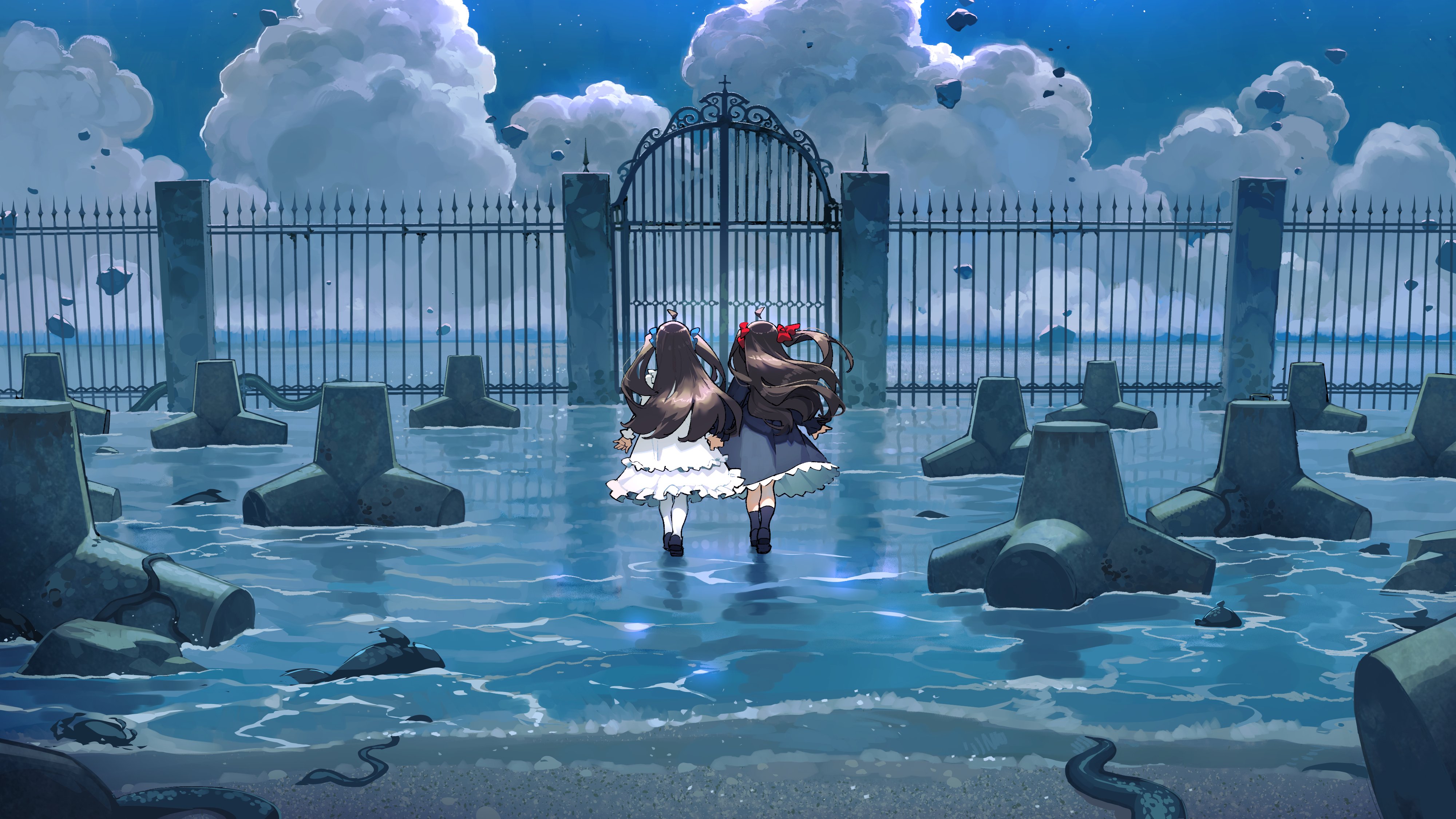 letro, evil neuro-sama, neuro-sama, absurdres, highres, 2girls, beach, black dress, black shoes, black socks, blue ribbon, blue sky, brown hair, cloud, dress, facing away, gate, long hair, multiple girls, red ribbon, ribbon, shoes, sky, snake, socks, two side up, vedal ai, water, white dress