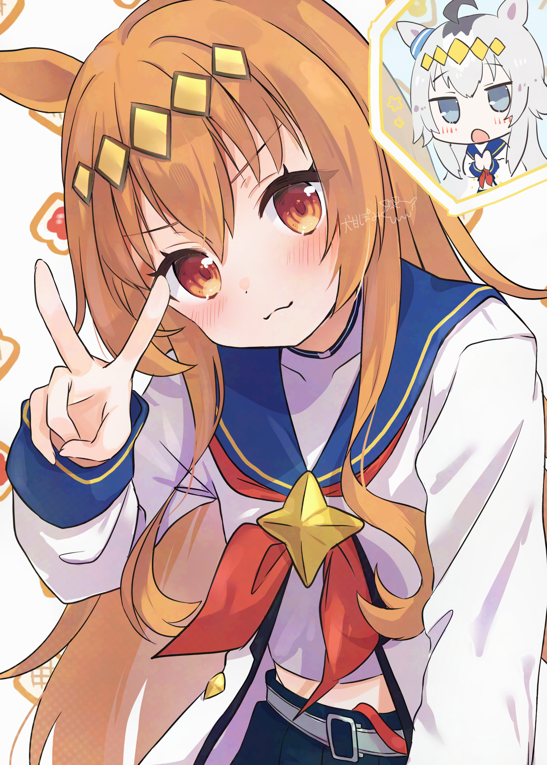 potarou pomi, mayano top gun (umamusume), oguri cap (umamusume), umamusume, absurdres, commentary request, highres, 2girls, :3, :o, ahoge, animal ears, belt, blue eyes, blue sailor collar, blue skirt, blush, closed mouth, cosplay, hair between eyes, horse ears, horse girl, long hair, long sleeves, looking at viewer, midriff, multiple girls, neckerchief, oguri cap (umamusume) (cosplay), open mouth, orange eyes, orange hair, pleated skirt, red neckerchief, sailor collar, sailor shirt, shirt, signature, skirt, upper body, v, v-shaped eyebrows, very long hair, white background, white hair, white shirt