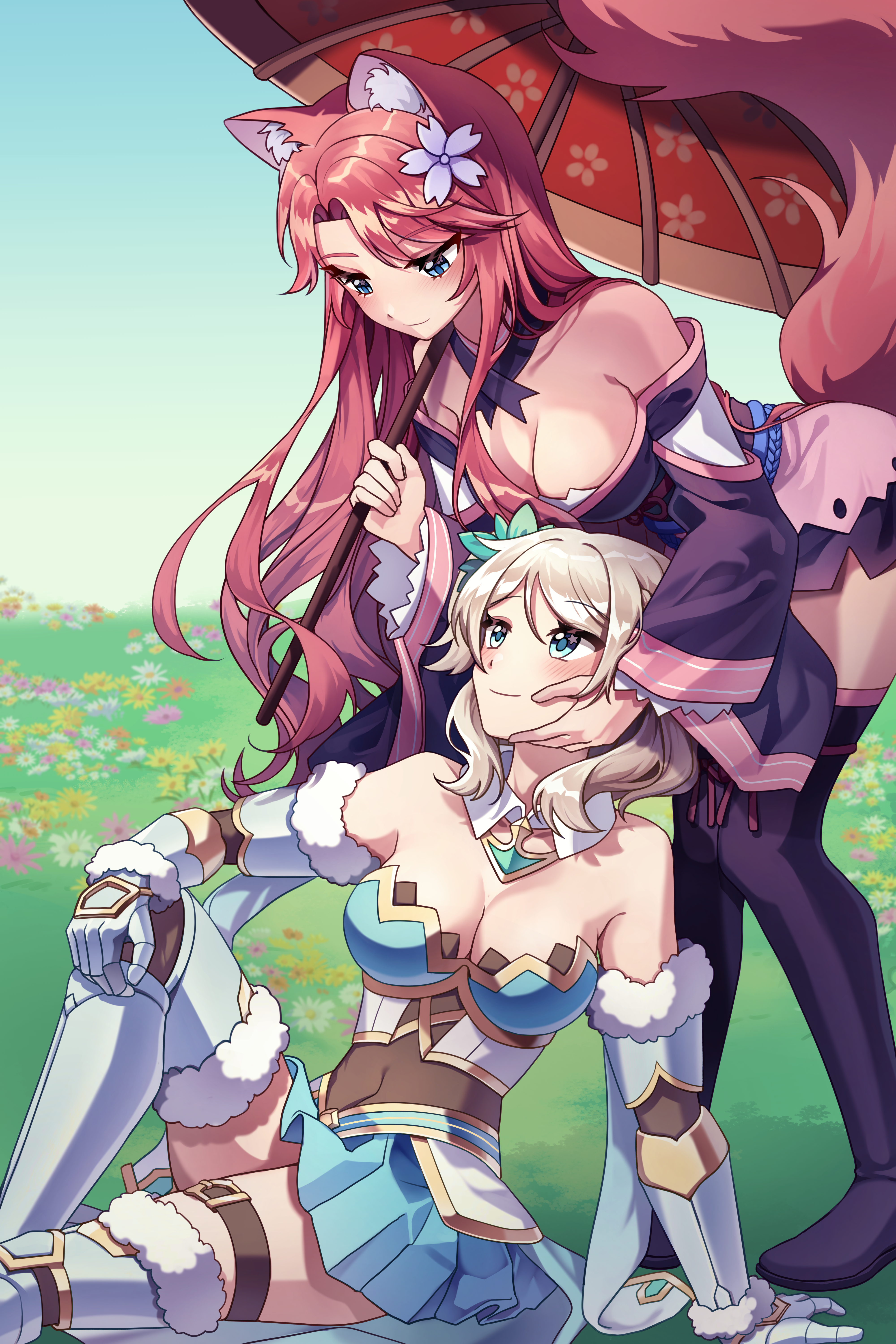 juniper (sakura fox adventure), yomi (sakura dungeon), sakura dungeon, sakura fox adventure, absurdres, artist request, commission, commissioner upload, highres, non-web source, 2girls, animal ears, armored boots, bent over, blonde hair, blue eyes, boots, eye contact, field, flower, flower field, fox ears, fox girl, fox tail, hand on another's cheek, hand on another's face, holding, holding umbrella, in-franchise crossover, japanese clothes, kimono, knight, looking at another, multiple girls, on ground, pink hair, sitting, smile, tail, umbrella, yuri
