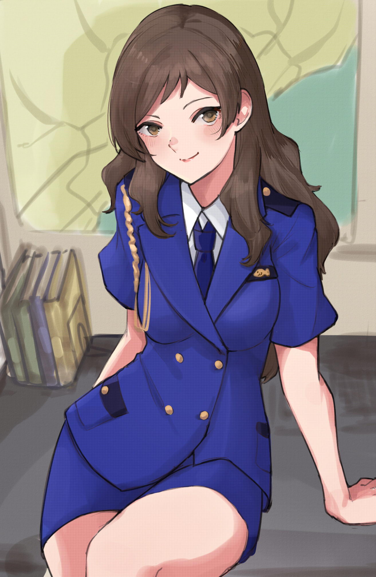 kakuanko, kitazawa shiho, idolmaster, idolmaster million live!, highres, 1girl, arm support, blue jacket, blue necktie, blue skirt, breasts, brown eyes, brown hair, indoors, jacket, lips, long hair, looking at viewer, miniskirt, necktie, sitting, skirt, solo