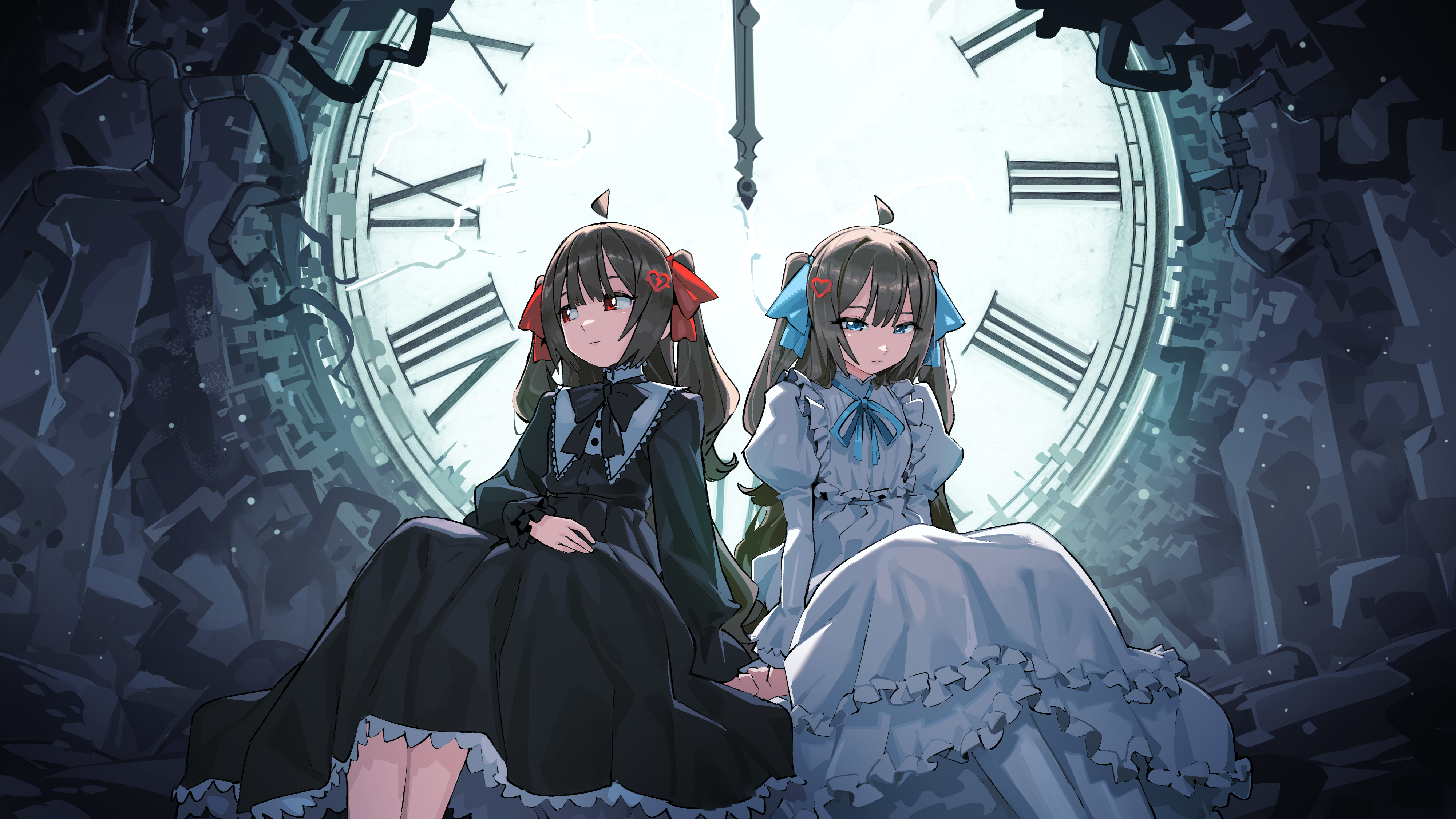 letro, evil neuro-sama, neuro-sama, absurdres, highres, 2girls, analog clock, black bow, black bowtie, black dress, blue eyes, blue ribbon, bow, bowtie, brown hair, clock, dress, hair ornament, hairpin, heart, heart hair ornament, long hair, looking to the side, multiple girls, red eyes, red ribbon, ribbon, sitting, two side up, vedal ai, white dress