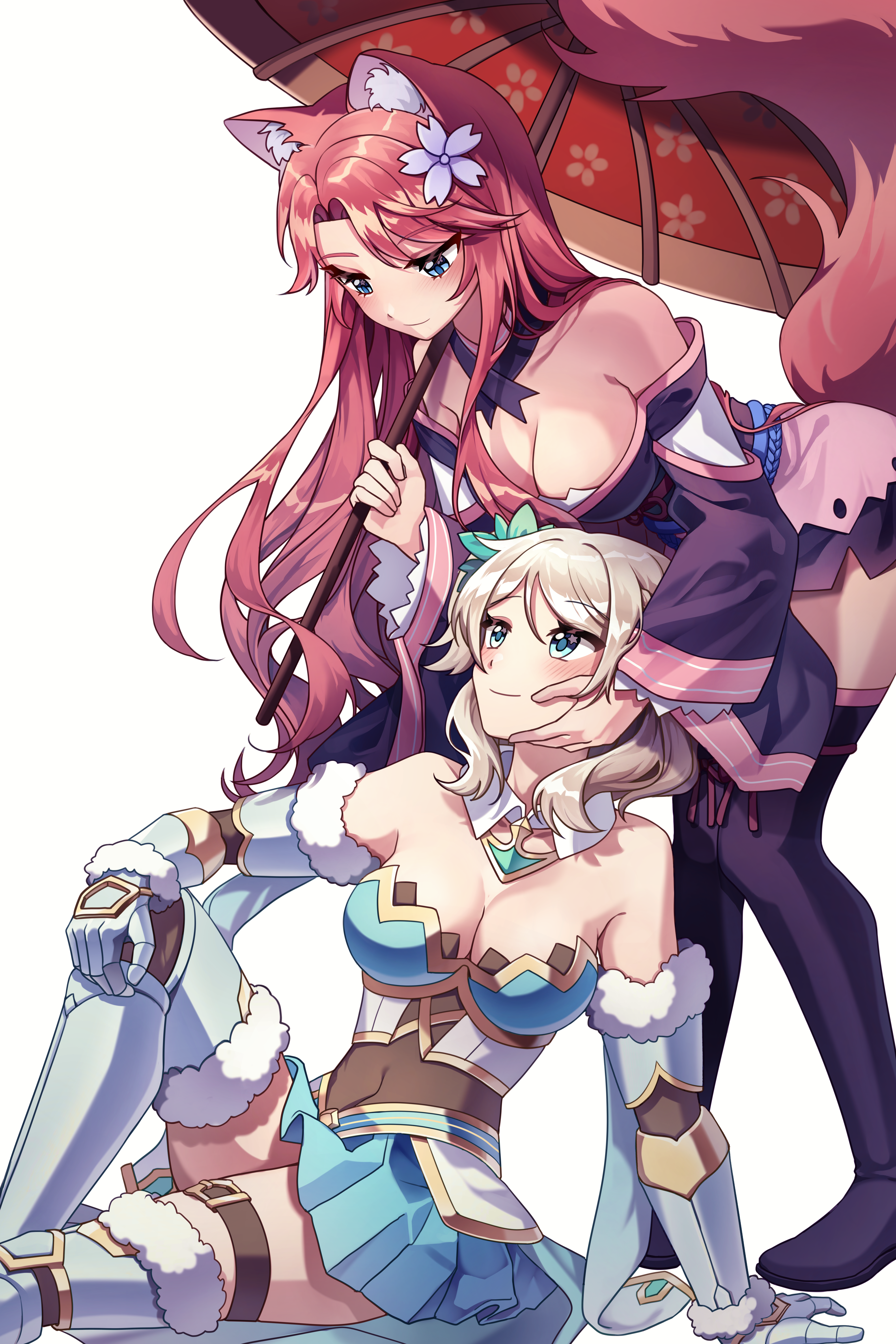 juniper (sakura fox adventure), yomi (sakura dungeon), sakura dungeon, sakura fox adventure, absurdres, artist request, commission, commissioner upload, highres, non-web source, 2girls, animal ears, armored boots, bent over, blonde hair, blue eyes, boots, eye contact, field, fox ears, fox girl, fox tail, hand on another's cheek, hand on another's face, holding, holding umbrella, in-franchise crossover, japanese clothes, kimono, knight, looking at another, multiple girls, on ground, pink hair, sitting, smile, tail, umbrella, yuri