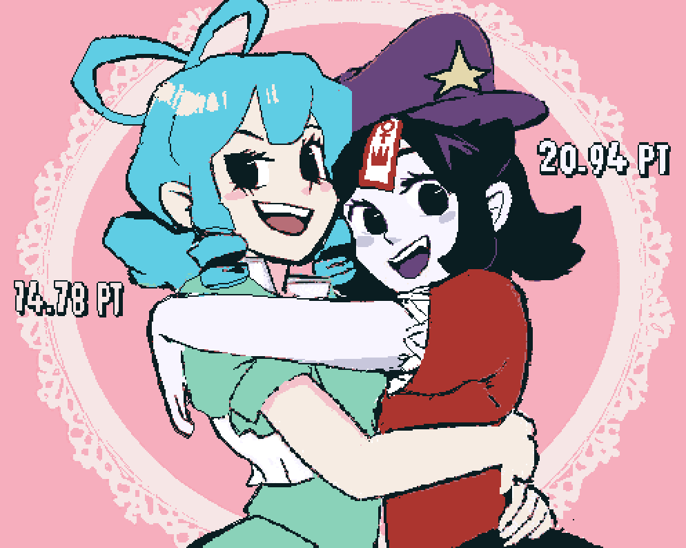kaku seiga, miyako yoshika, touhou, 2girls, black hair, black skirt, blue hair, cookie pixel, dress, drill hair, drill sidelocks, fangs, frilled sleeves, frills, green dress, hair rings, hat, hug, multiple girls, newsboy cap, ofuda, ofuda on head, open mouth, pale skin, pink background, purple hat, red shirt, shirt, short sleeves, sidelocks, skirt, star (symbol), star print